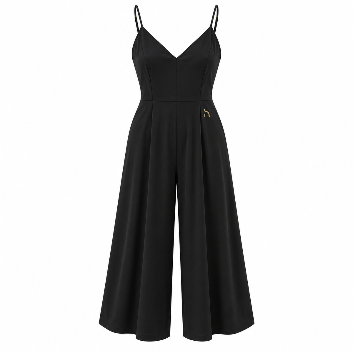 Schwarzer Haensch Coast Spaghetti Jumpsuit Damen mit V-Ausschnitt, weitem Bein und goldenem H-Logo, freigestellte Vorderansicht