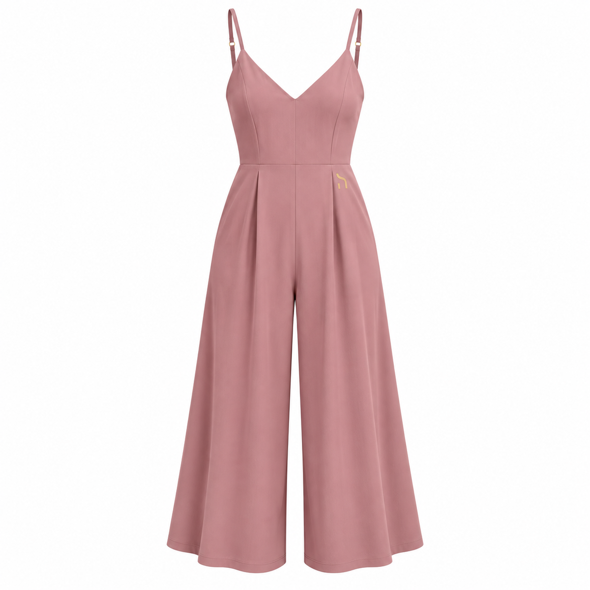 Haensch Coast Spaghetti Jumpsuit Damen in Coast Dusk Rose mit V-Ausschnitt, weiten Beinen und goldenem H-Logo, freigestellte Vorderansicht