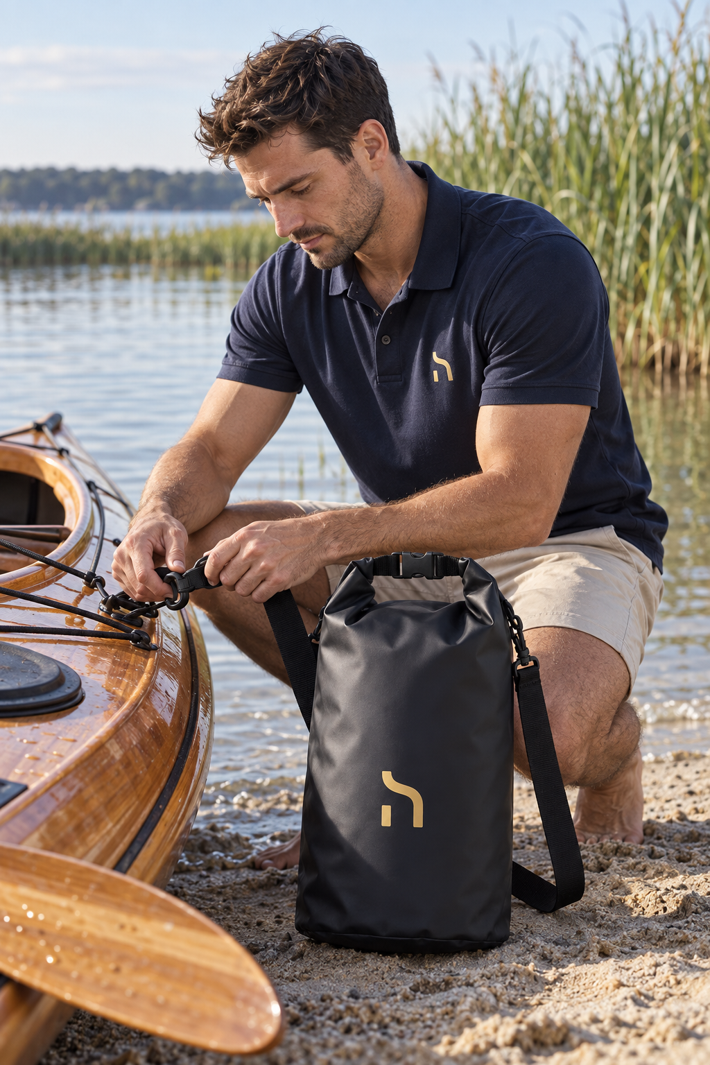 Junger Mann befestigt die schwarze Haensch Coast Splash Drybag mit goldenem Haensch-Zeichen an einem Kajak am Bodden.