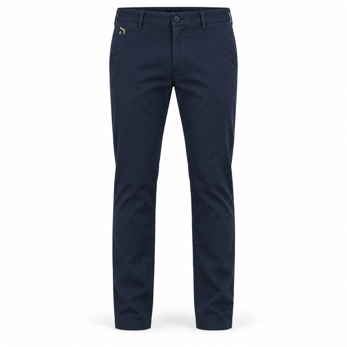 Navyblaue Haensch Coast Stretch Chino für Herren mit schmaler Passform und kleinem goldenem Haensch-Zeichen am vorderen Taschenbereich.