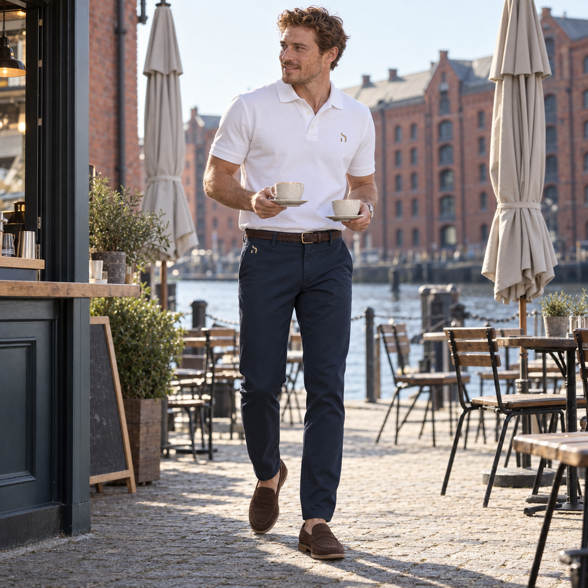 Mann trägt die navyblaue Haensch Coast Stretch Chino mit weißem Haensch-Poloshirt an einem Café im Ostseehafen.