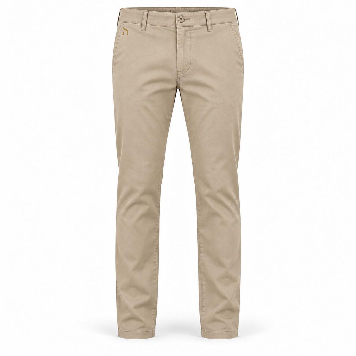 Stonefarbene Haensch Coast Stretch Chino für Herren mit schmaler Passform und kleinem goldenem Haensch-Zeichen am vorderen Taschenbereich.