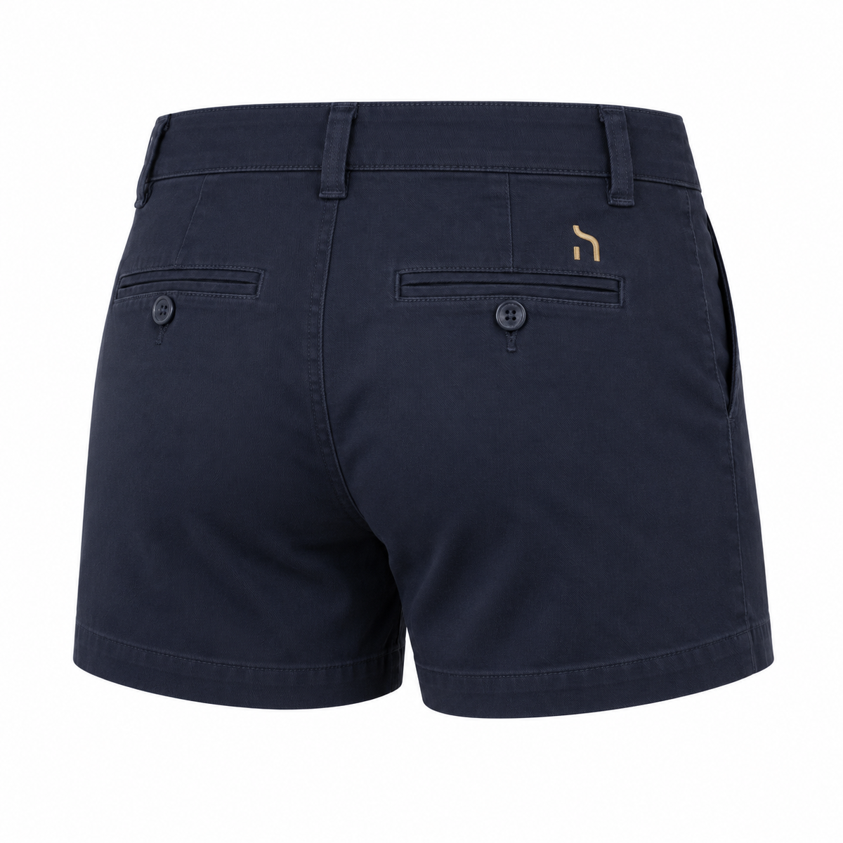 Kurze Damen-Chino-Shorts in Navy mit Gesäßtaschen und kleinem goldenem Haensch-Zeichen.