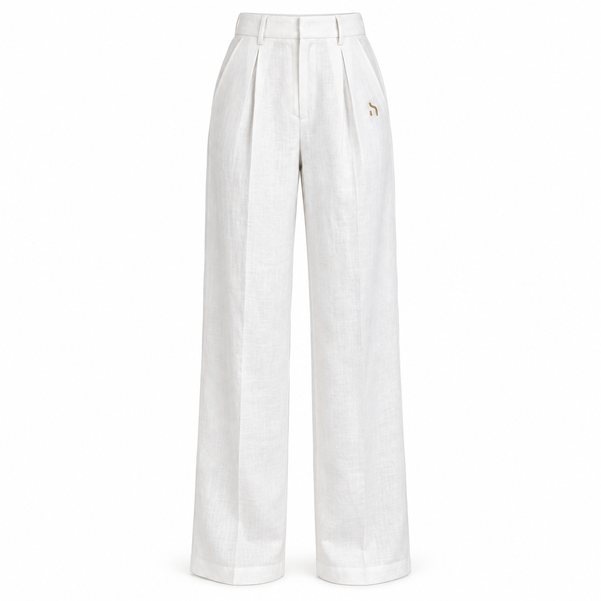 Haensch Coast Tailored Linen Pants Damen in Coast White aus Leinen mit goldenem H-Logo, freigestellte Vorderansicht auf weißem Hintergrund