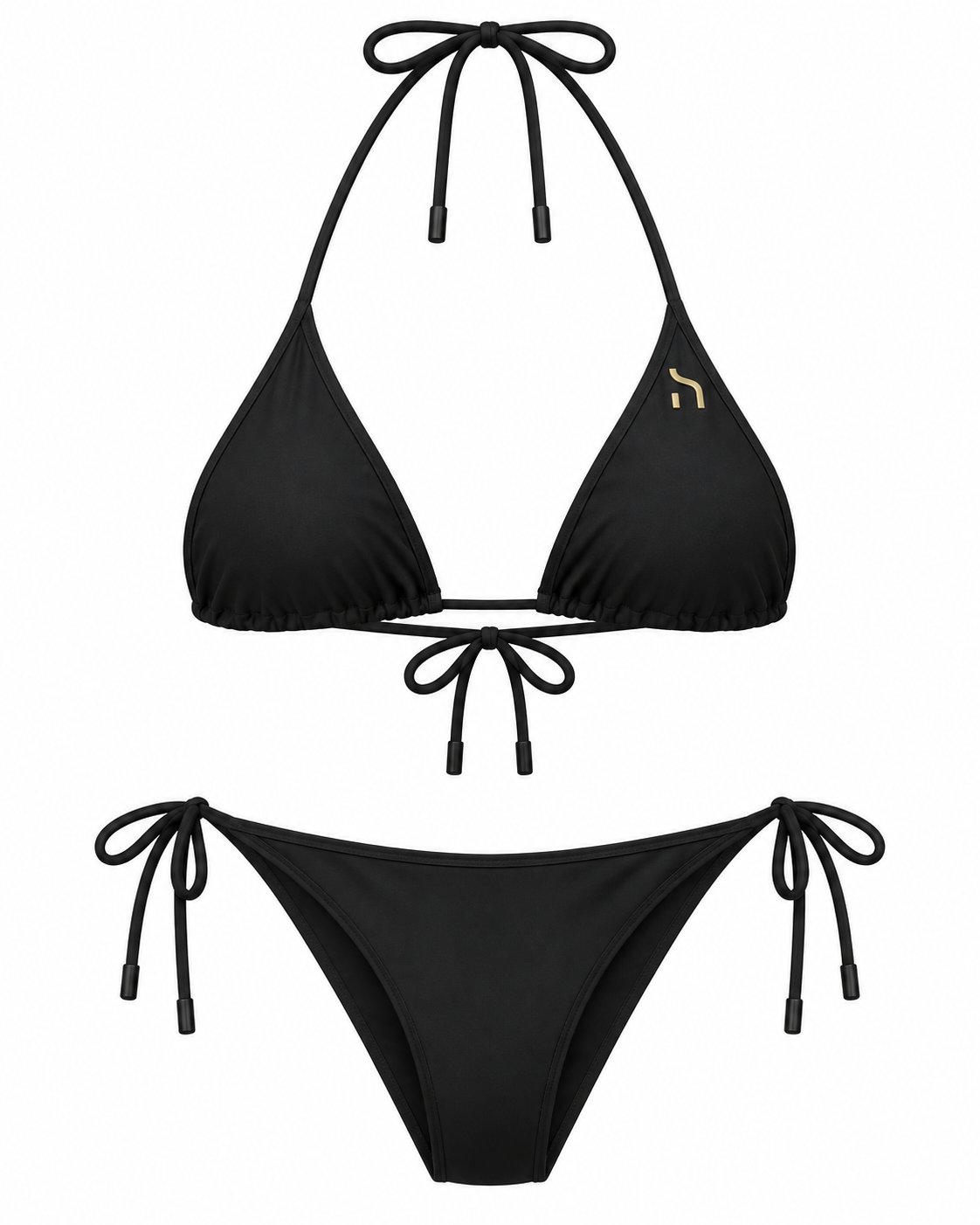 Schwarzer Haensch Coast Tie Bikini Damen mit Triangle-Oberteil, seitlich gebundenem Bikini-Slip, goldenen Details und kleinem goldenem Hänsch-H-Signet auf dem Oberteil