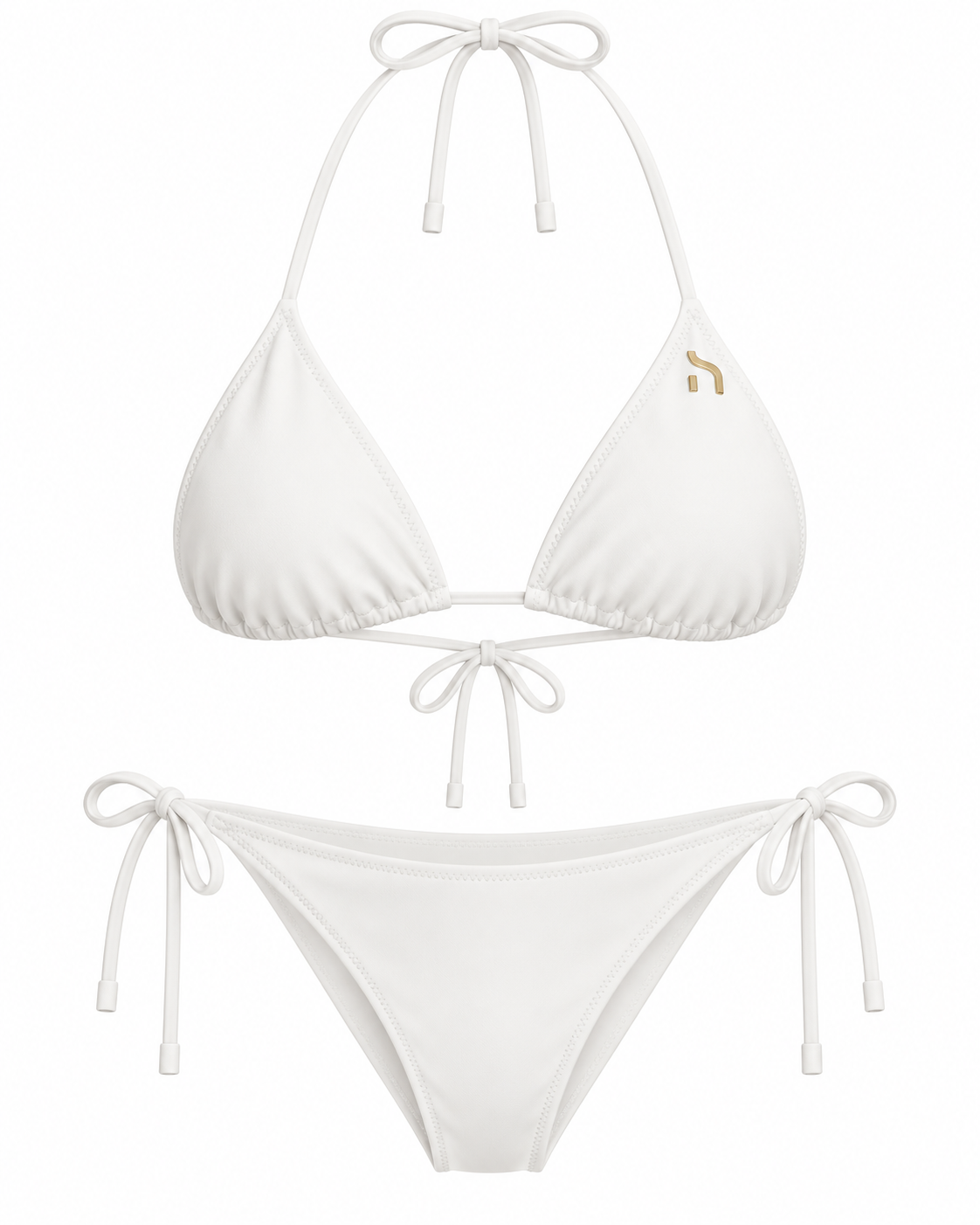 Weißer Haensch Coast Tie Bikini Damen mit Triangle-Oberteil, seitlich gebundenem Bikini-Slip, goldenen Details und kleinem goldenem Hänsch-H-Signet auf dem Oberteil