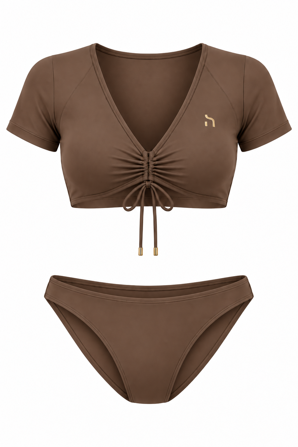 Haensch Coast V-Neck Surf Bikini Damen in Coast Cocoa mit kurzärmeligem V-Ausschnitt, gerafftem Frontdetail, Kordelzug und goldenem Hänsch-H-Signet