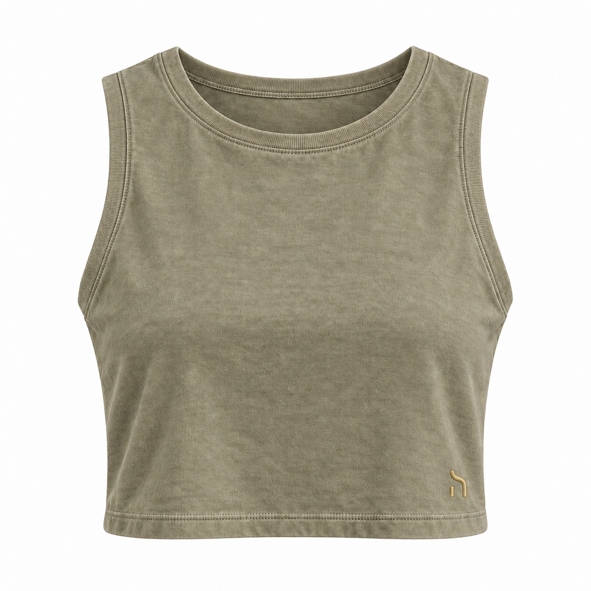 Haensch Coast Washed Crop Top Damen in Coast Washed Khaki aus Bio-Baumwolle mit goldenem H-Logo, freigestellte Vorderansicht auf weißem Hintergrund