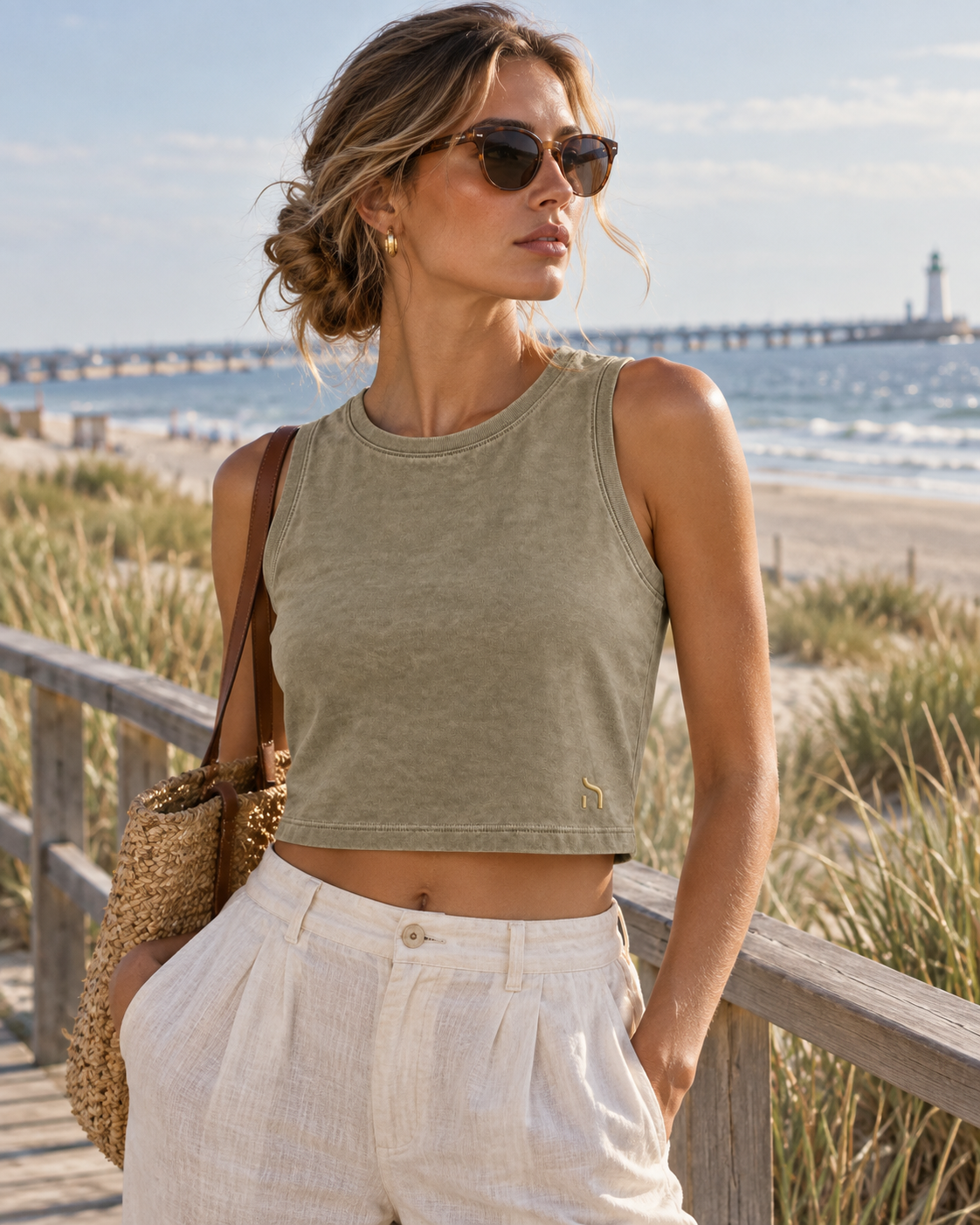 Frau im Haensch Coast Washed Crop Top Damen in Coast Washed Khaki mit goldenem H-Logo auf einem Strandsteg an der Ostsee