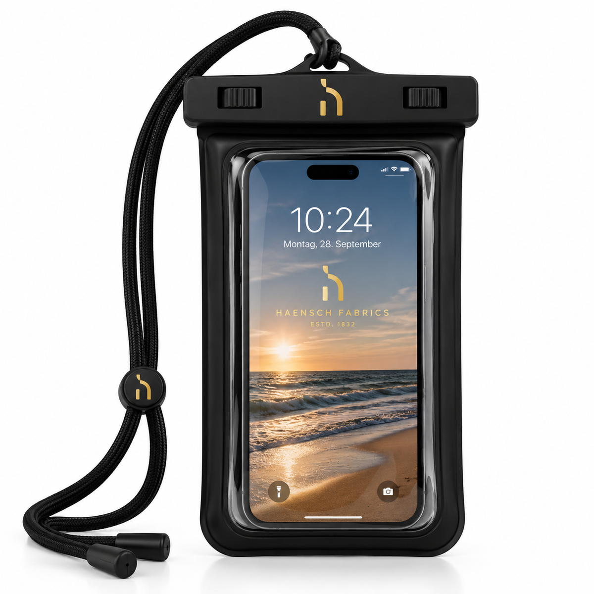 Black Haensch Coast waterproof phone pouch with clear front window, black lanyard and gold H logo on a white background.