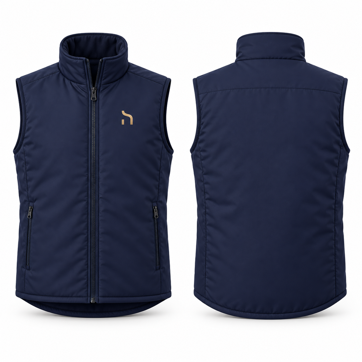 Marineblaue Haensch Coast Windproof Weste mit goldenem Brustzeichen in der Vorderansicht und vollständig unbedruckter Rückseite.