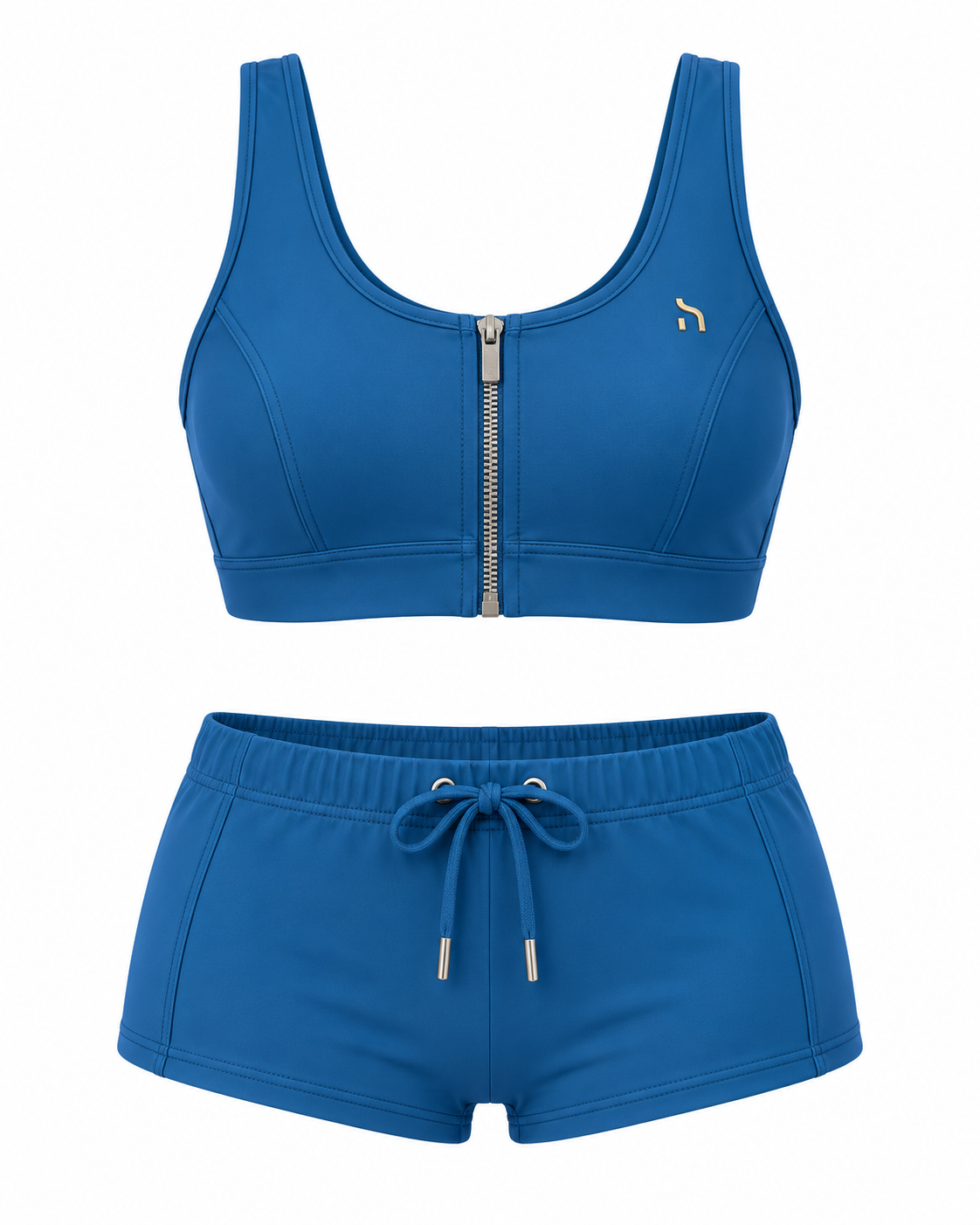 Haensch Coast Zip Sport Bikini Damen in Coast Ocean Blue mit Front-Reißverschluss, sportlichem Bikinioberteil, passenden Shorts und goldenem Hänsch-H-Signet
