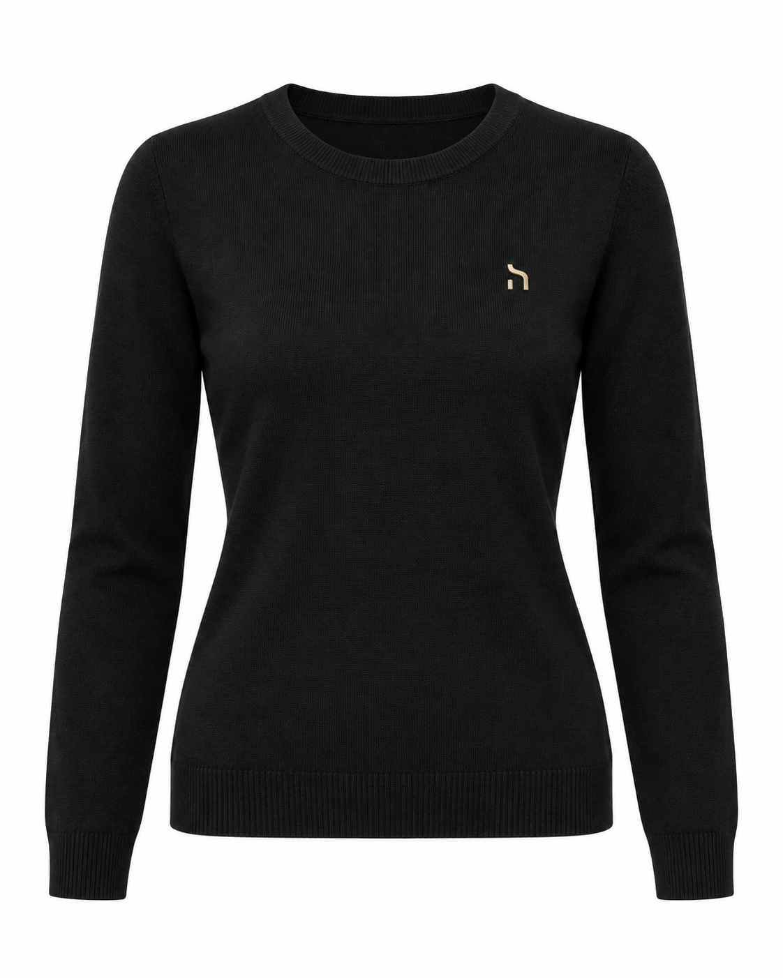 Haensch Heritage Knit Sweater Damen in Winter Black mit Rundhalsausschnitt, feiner Strickstruktur und kleinem goldenem Hänsch-H-Signet