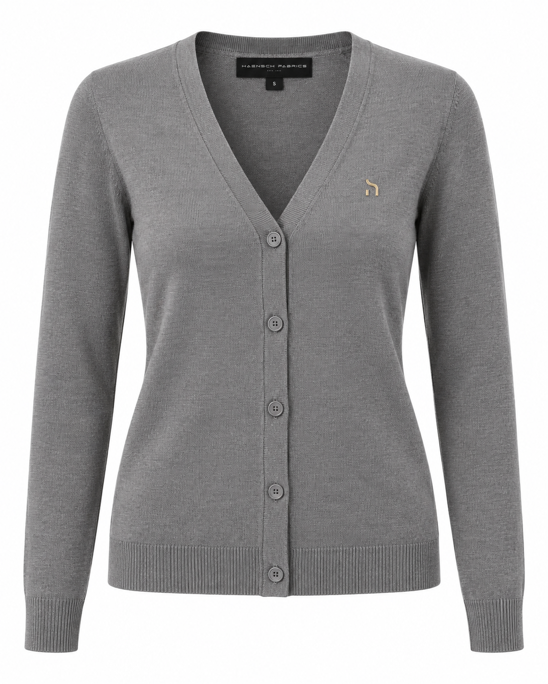 Haensch Heritage Supima Cardigan Damen in Heritage Grey mit feinem Supima-Strick, Rippabschlüssen und goldenem Hänsch-H-Signet