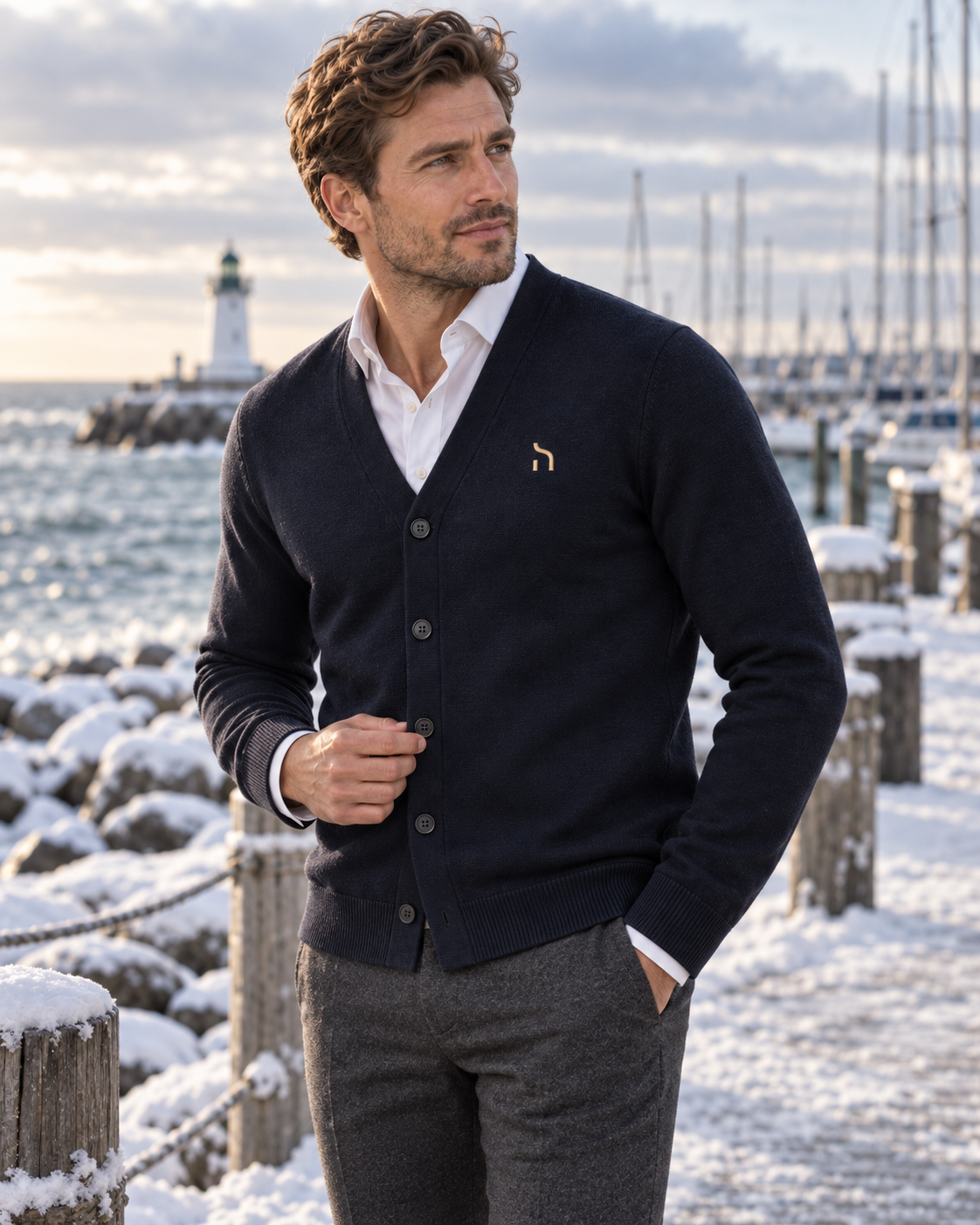 Männliches Model trägt den Haensch Heritage Supima Cardigan Herren in Deep Navy über weißem Hemd mit goldenem Hänsch-H-Signet vor winterlicher Hafen- und Leuchtturm-Kulisse