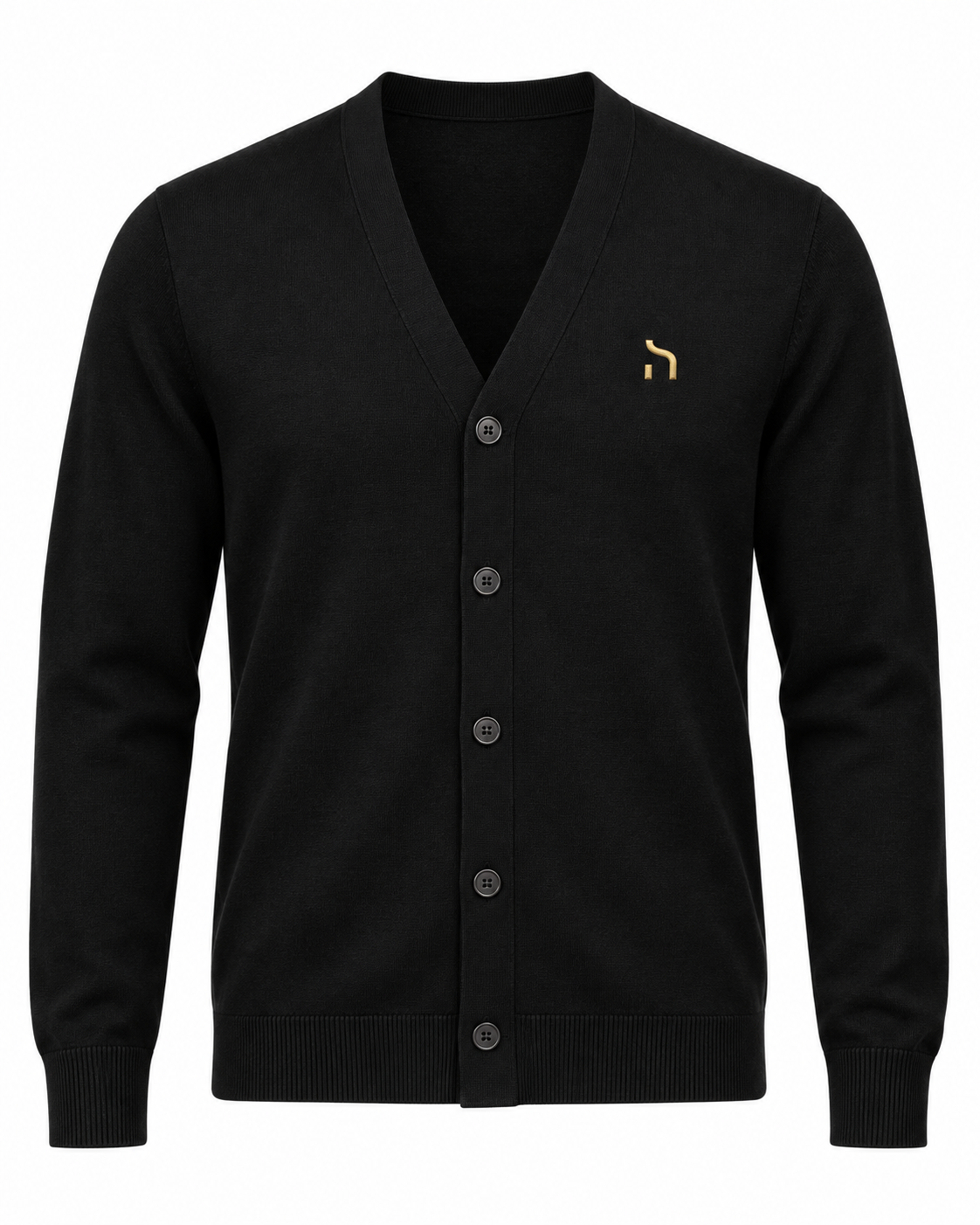Haensch Heritage Supima Cardigan Herren in Winter Black aus feinem Supima-Strick mit V-Ausschnitt, Knopfleiste und kleinem goldenem Hänsch-H-Signet