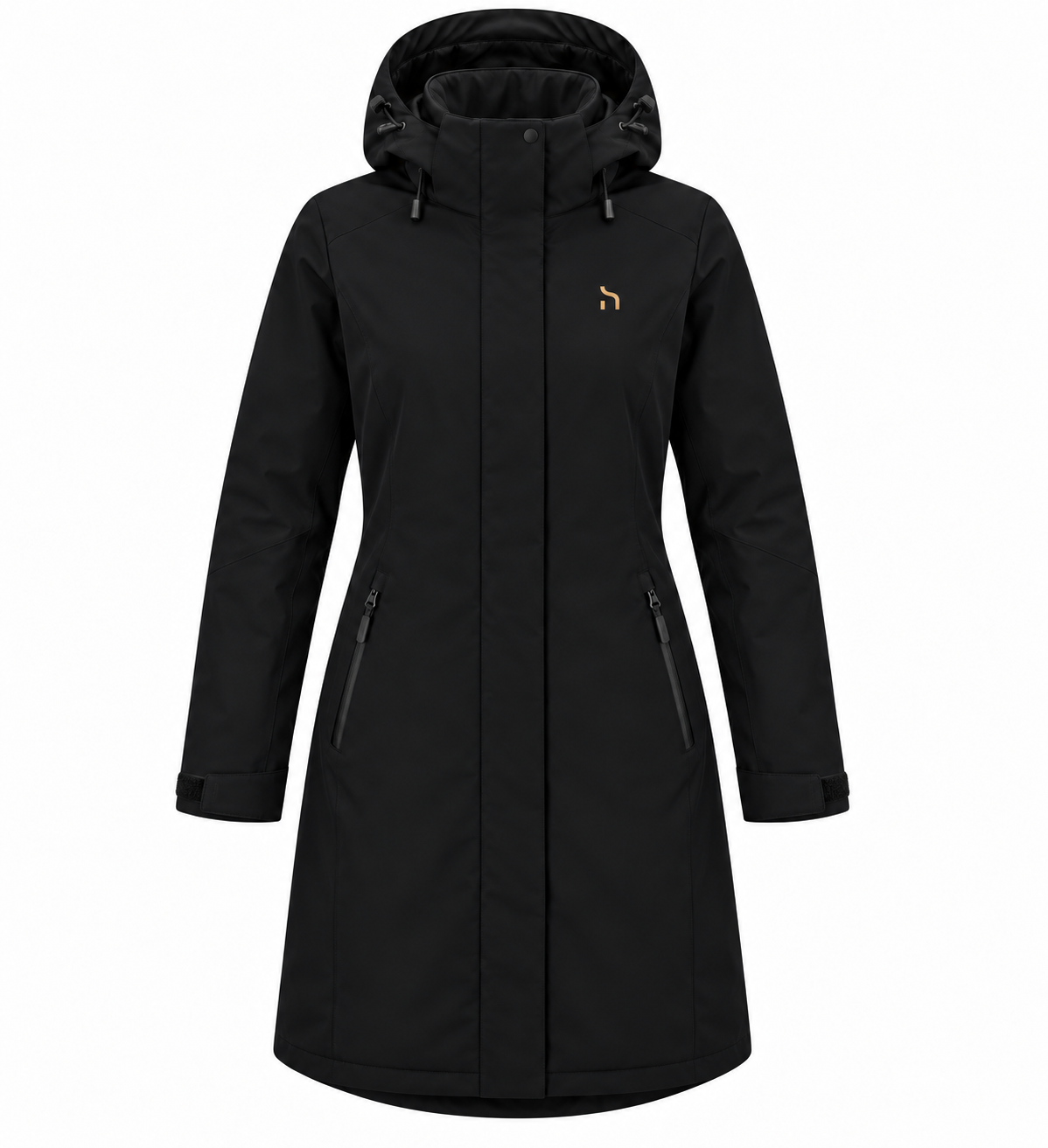 Vorderansicht des Haensch Northern All Weather Parka Damen in Winter Black mit Kapuze, verdecktem Frontverschluss, Reißverschlusstaschen und kleinem goldenem Haensch-h auf der Brust.