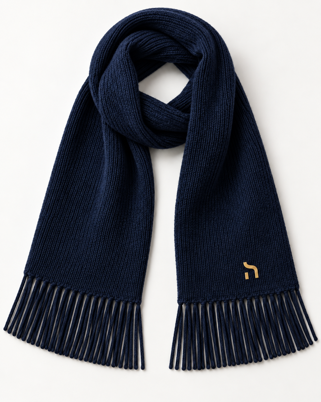 Dunkelblauer Haensch Northern Classic Scarf Unisex mit Strickstruktur, Fransen und goldenem Hänsch-H-Signet