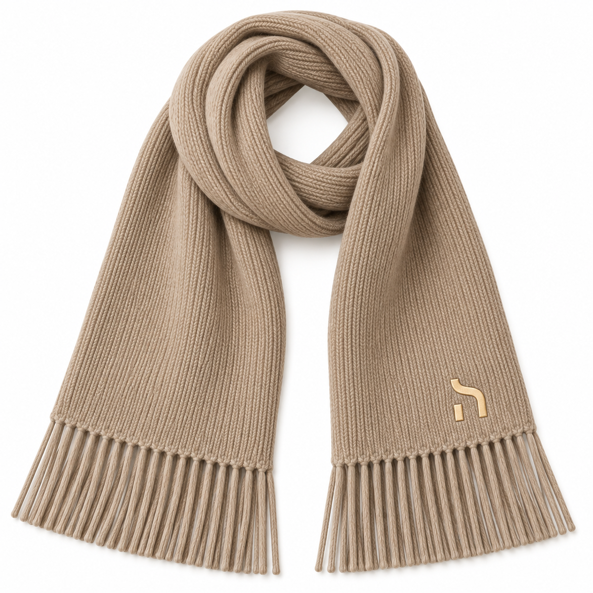 Beigefarbener Haensch Northern Classic Scarf Unisex in Sand Stone mit feiner Strickstruktur, Fransen und goldenem Hänsch-H-Signet