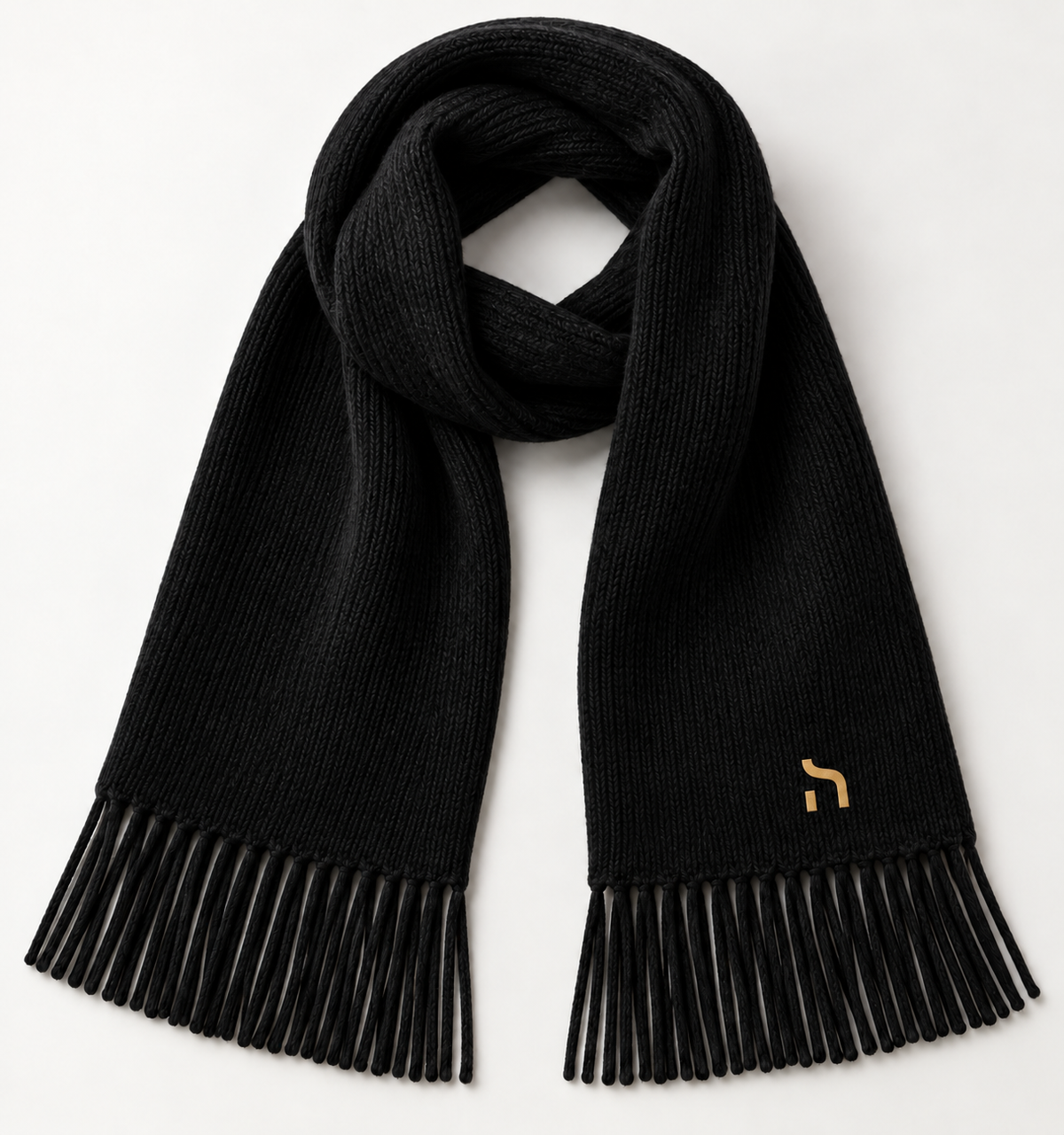 Schwarzer Haensch Northern Classic Scarf Unisex mit grober Strickstruktur, Fransen und kleinem goldenem Hänsch-H-Signet