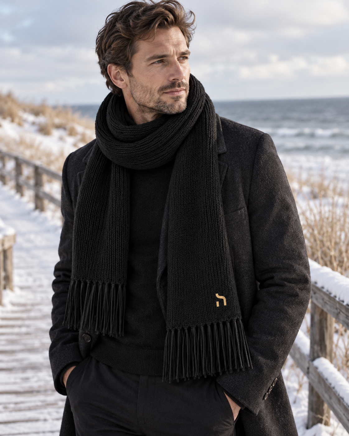 Männliches Model trägt den schwarzen Haensch Northern Classic Scarf Unisex mit goldenem Hänsch-H-Signet zu dunklem Wintermantel an der verschneiten Ostseeküste