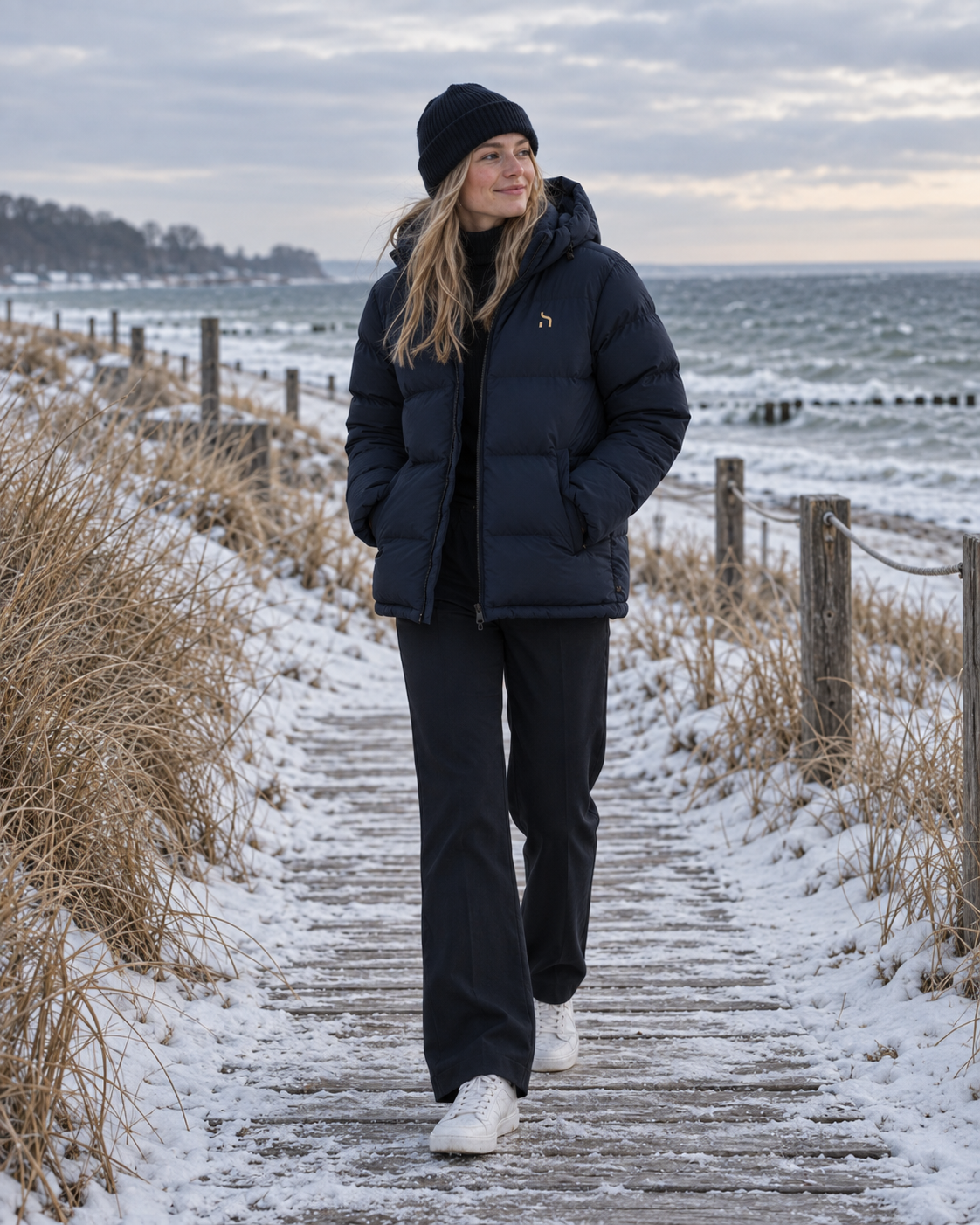 Weibliches Model trägt die Haensch Northern Puffer Jacket Unisex in Deep Navy mit goldenem Hänsch-H-Signet auf einem verschneiten Küstenweg an der Ostsee