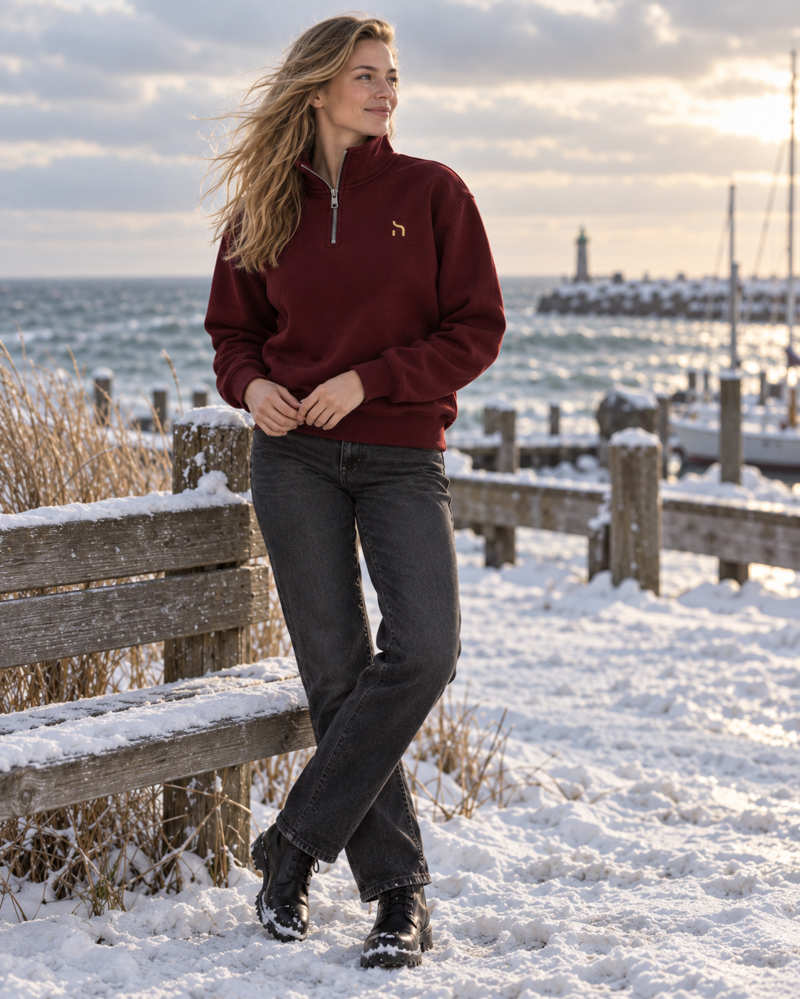 Weibliches Model trägt den Haensch Northern Quarter Zip Sweat Unisex in Burgundy Wine mit goldenem Hänsch-H-Signet an einem winterlichen Ostsee-Hafen