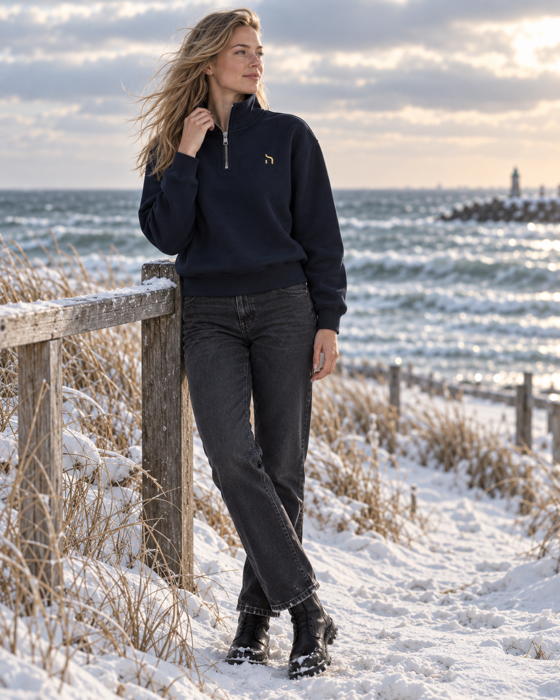 Weibliches Model trägt den Haensch Northern Quarter Zip Sweat Unisex in Deep Navy mit goldenem Hänsch-H-Signet vor winterlicher Ostsee-Kulisse