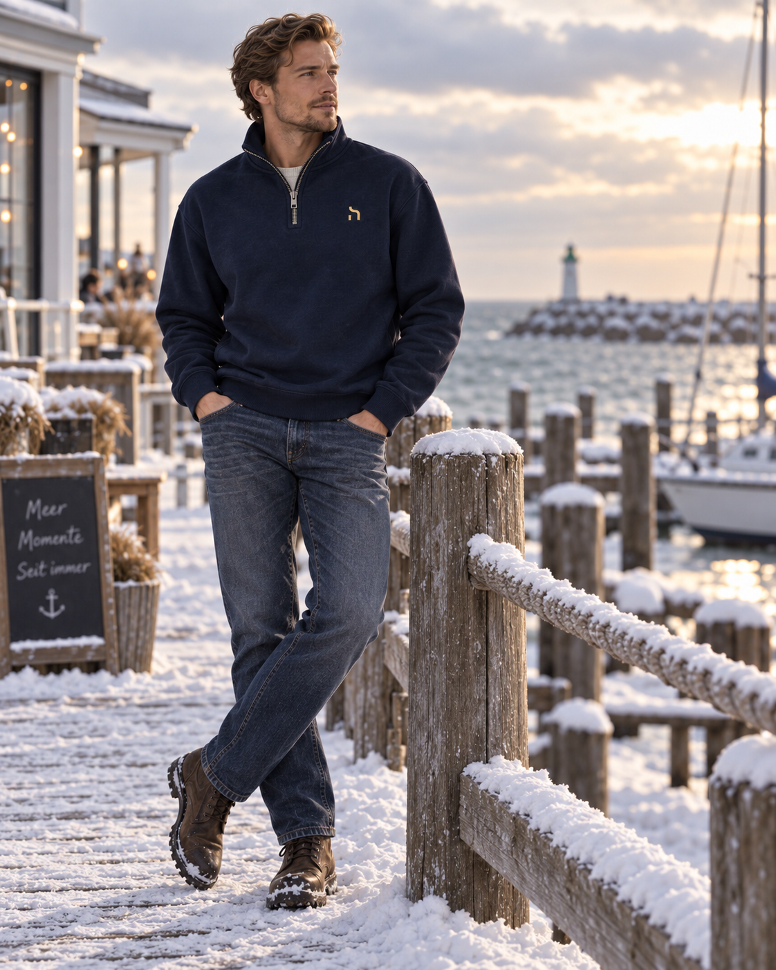 Männliches Model trägt den Haensch Northern Quarter Zip Sweat Unisex in Deep Navy mit goldenem Hänsch-H-Signet in einer winterlichen Hafen- und Leuchtturm-Kulisse