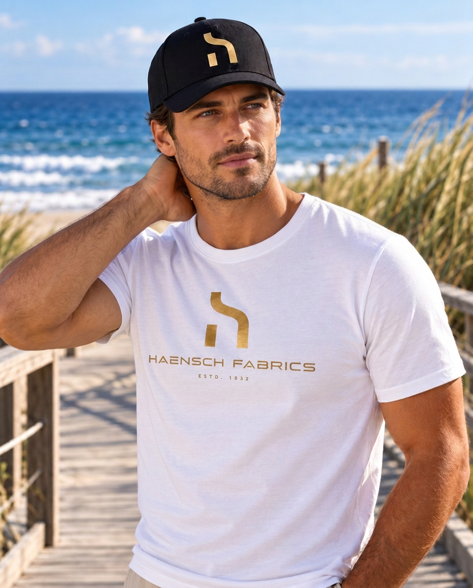 Man wearing the black Haensch Signature Cap with gold Haensch emblem and white Haensch T-shirt on a Baltic Sea boardwalk.