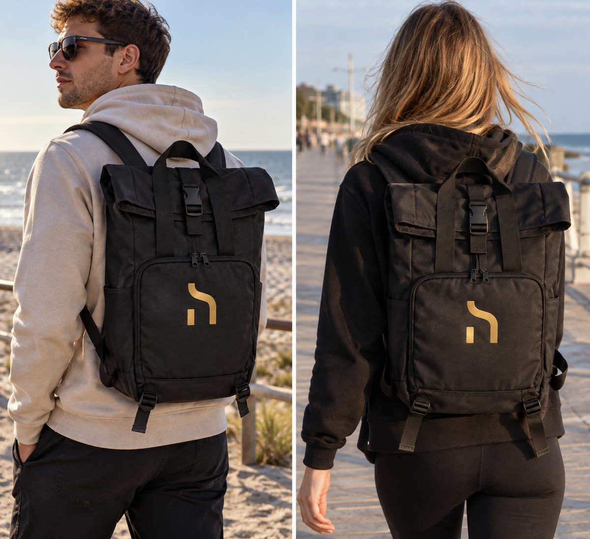 Man wearing the black Haensch Signature Rolltop Backpack with gold H logo by the Baltic Sea.