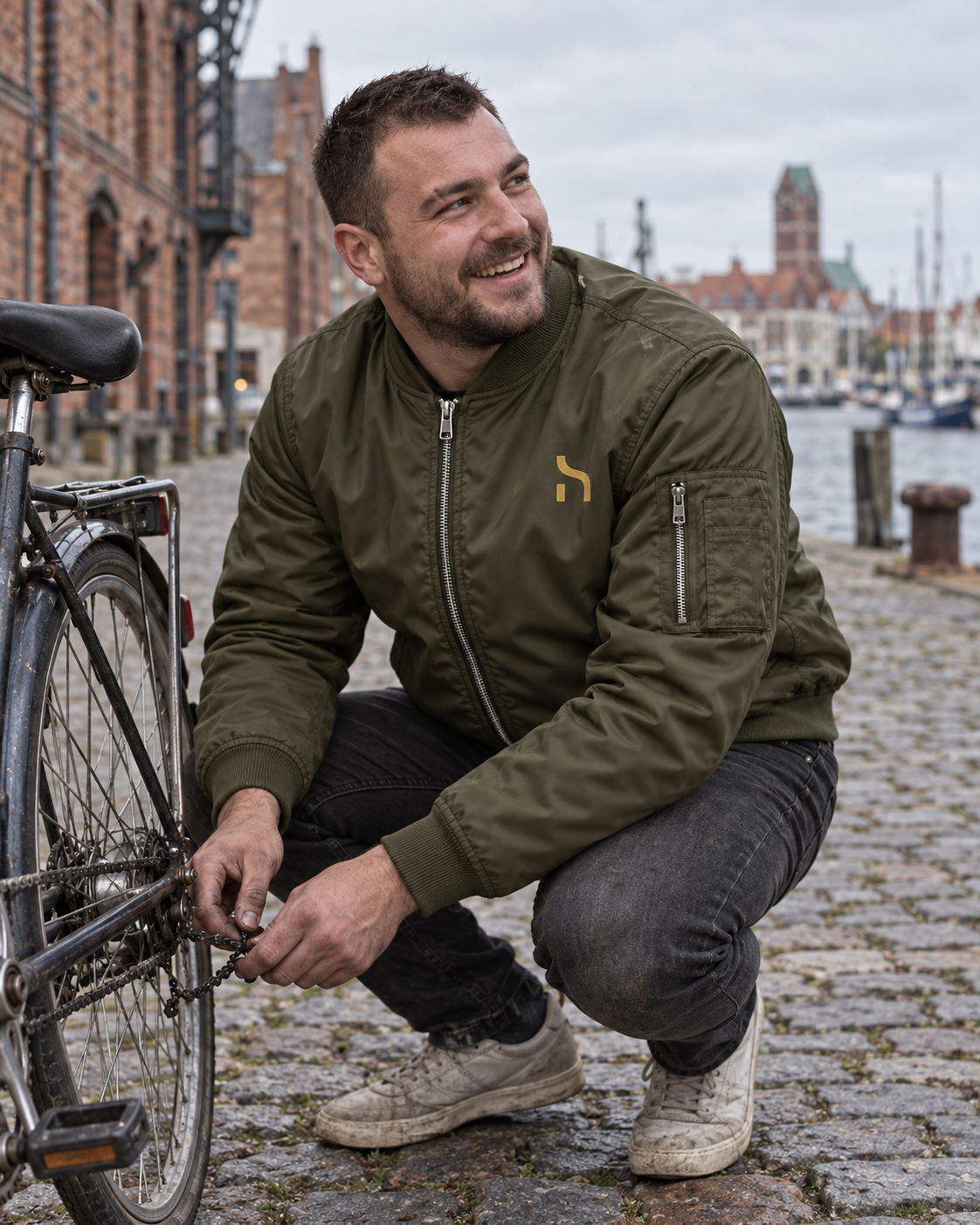 Mann trägt die dunkelolivgrüne Haensch Studio Bomber Jacket beim Reparieren seines Fahrrads am Wismarer Hafen.