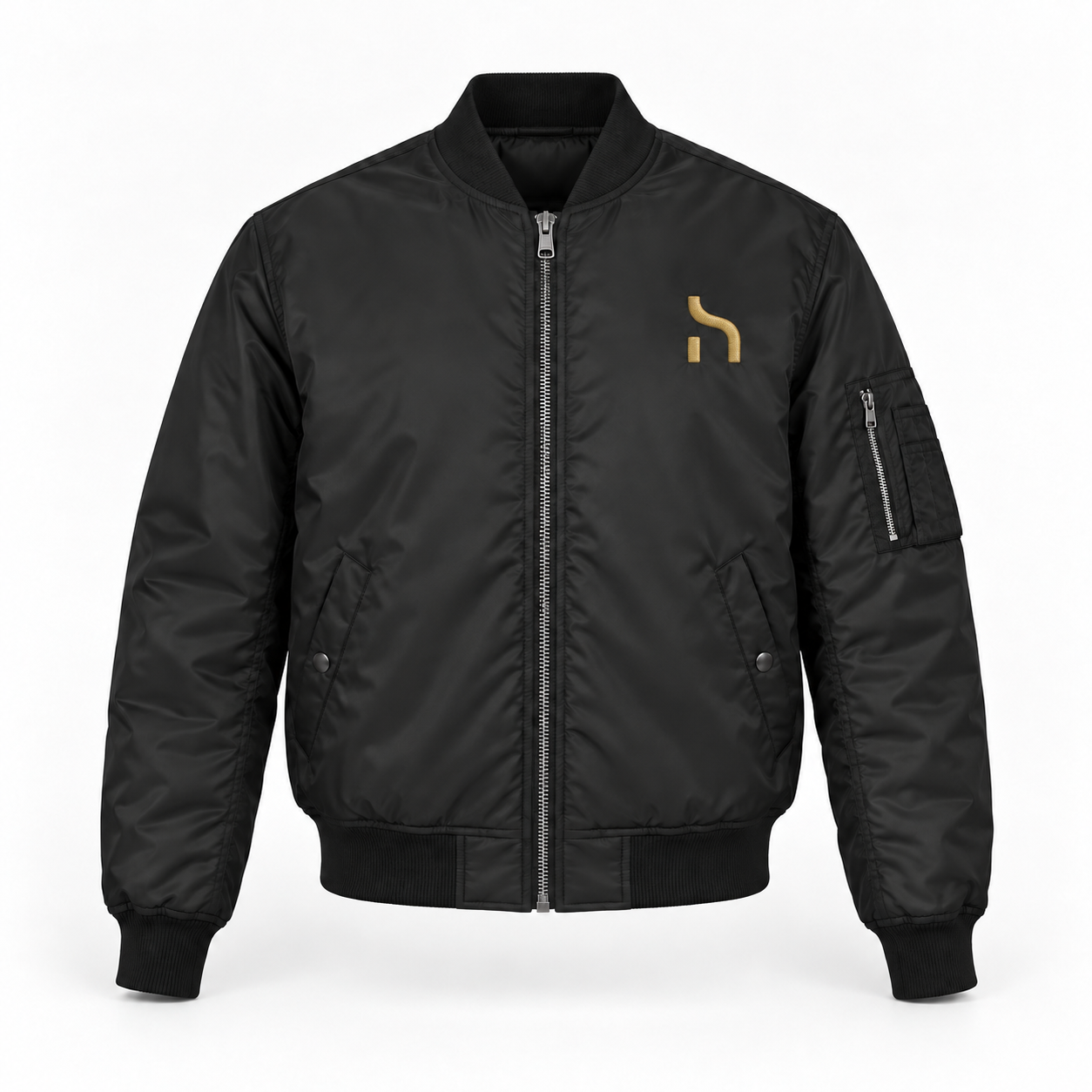 Schwarze Haensch Studio Bomber Jacket mit golden gesticktem Haensch-Zeichen auf der linken Brust.