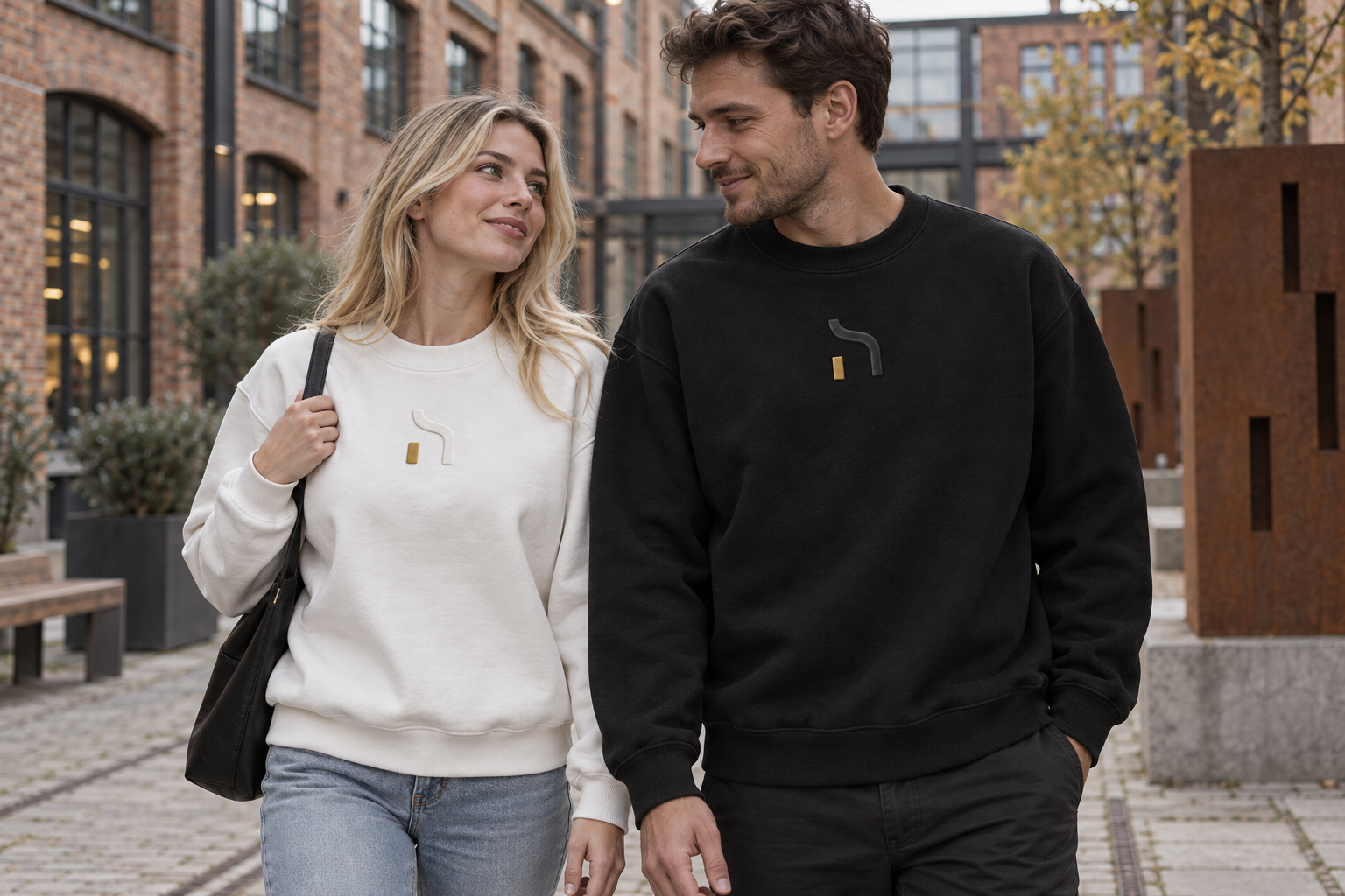 Junges Paar in weißen und schwarzen Haensch Studio Crewneck-Sweatshirts in einem modernen Chemnitzer Industriehof.