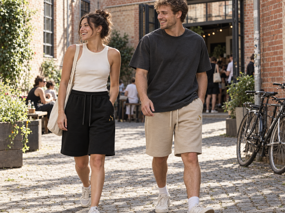 Junges Paar trägt Haensch Studio Ultra Heavy Sweatshorts in Schwarz und Sand in einem Leipziger Kulturhof.