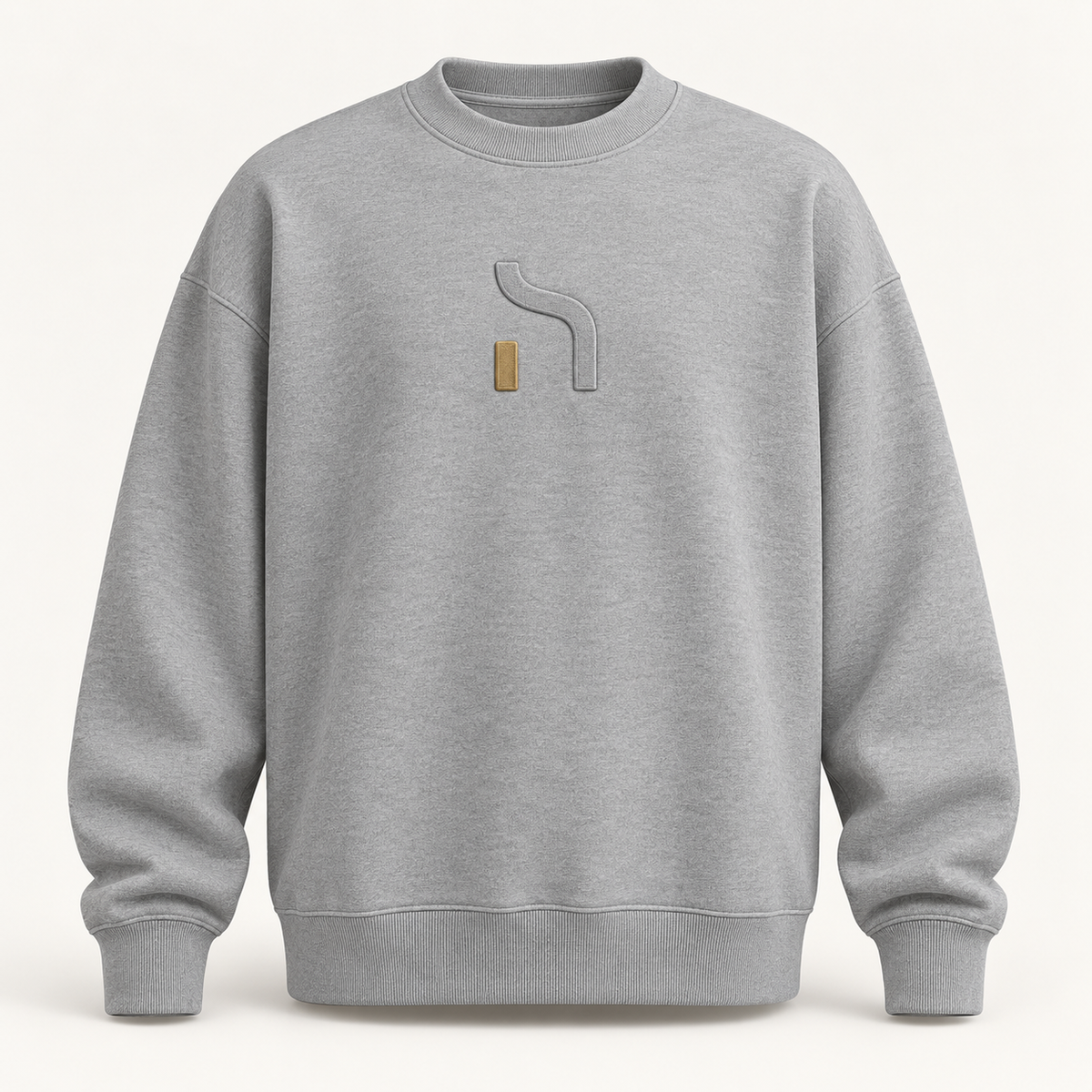 Graumelierter Haensch Studio Ultra Heavy Cotton Crewneck mit tonal erhabenem Haensch-Zeichen und kleinem goldenen Akzent auf der Vorderseite.