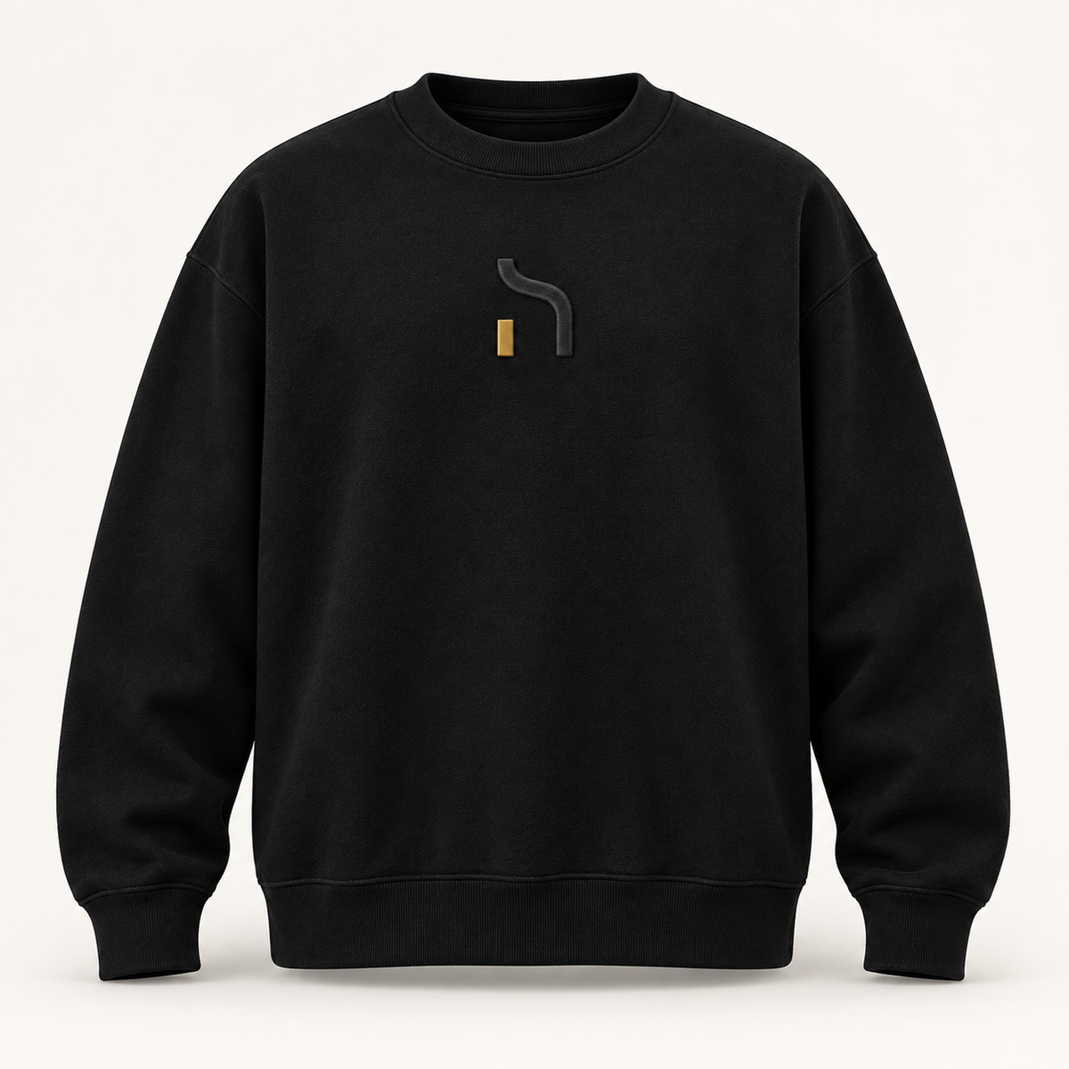 Schwarzer Haensch Studio Ultra Heavy Cotton Crewneck mit tonal erhabenem Haensch-Zeichen und kleinem goldenen Akzent auf der Vorderseite.