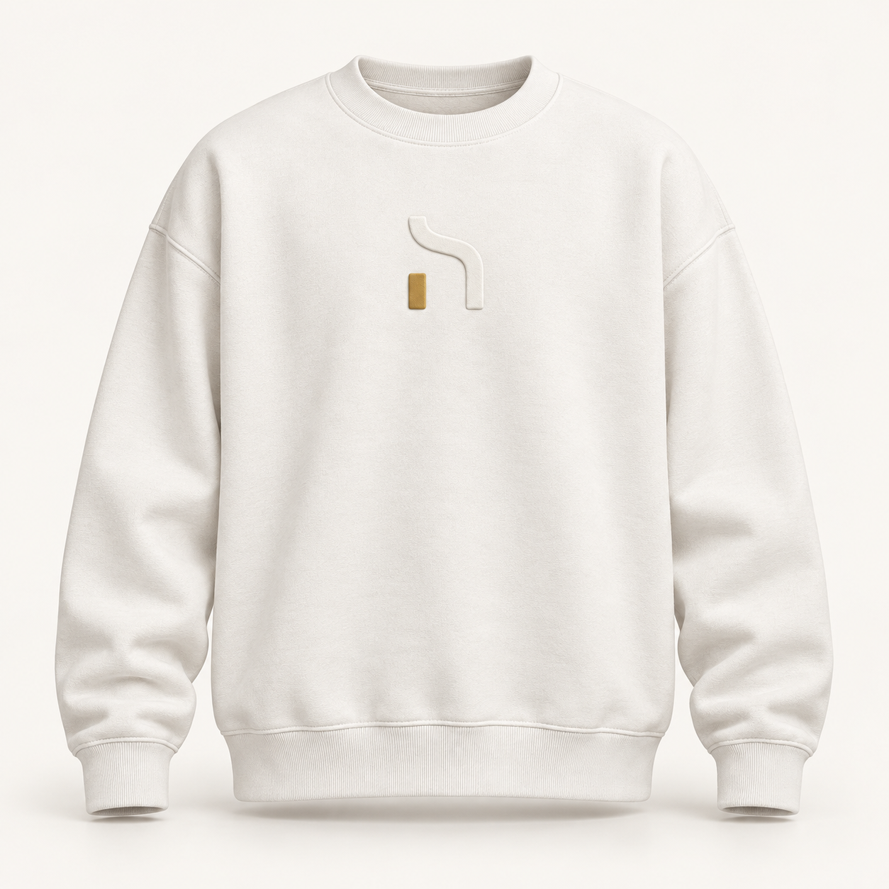 Weißer Haensch Studio Ultra Heavy Cotton Crewneck mit tonal erhabenem Haensch-Zeichen und kleinem goldenen Akzent auf der Vorderseite.