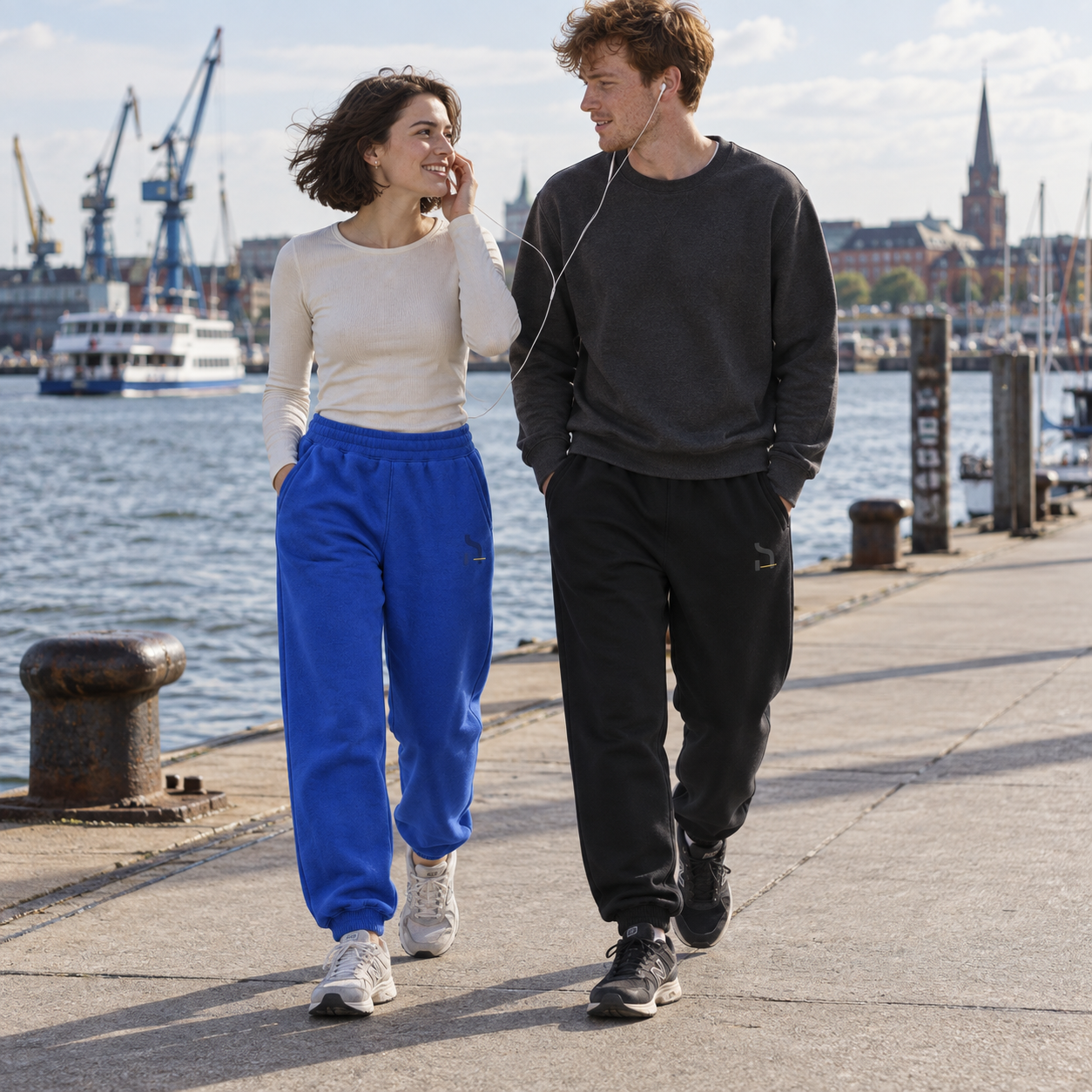 Junges Paar am Rostocker Stadthafen: Frau in cobaltblauen und Mann in schwarzen Haensch Studio Ultra Heavy Sweatpants.