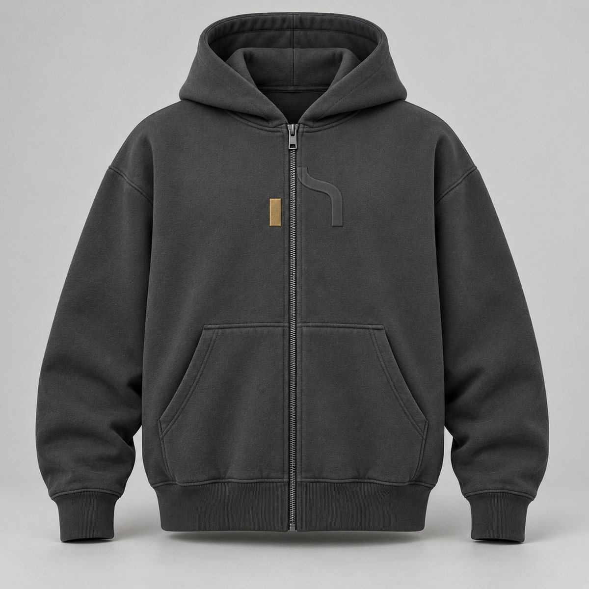 Dunkelgrauer Haensch Studio Ultra Heavy Zip Hoodie mit durchgehendem Reißverschluss und geteiltem Hänsch-Zeichen.