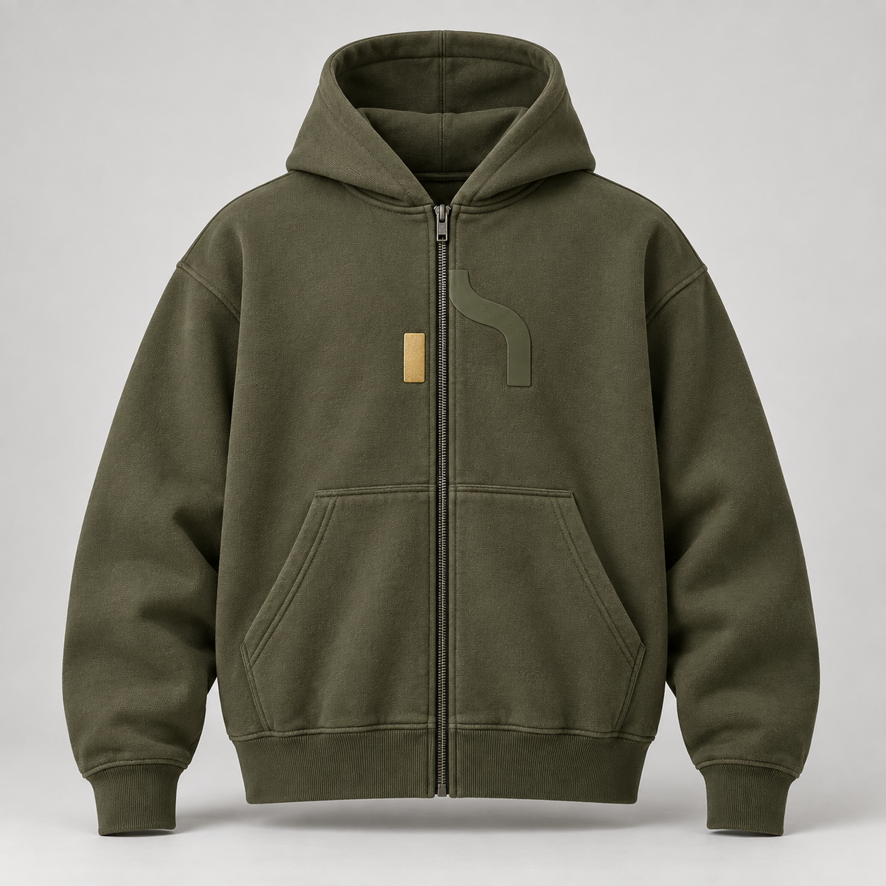 Olivgrüner Haensch Studio Ultra Heavy Zip Hoodie mit durchgehendem Reißverschluss und geteiltem Hänsch-Zeichen.