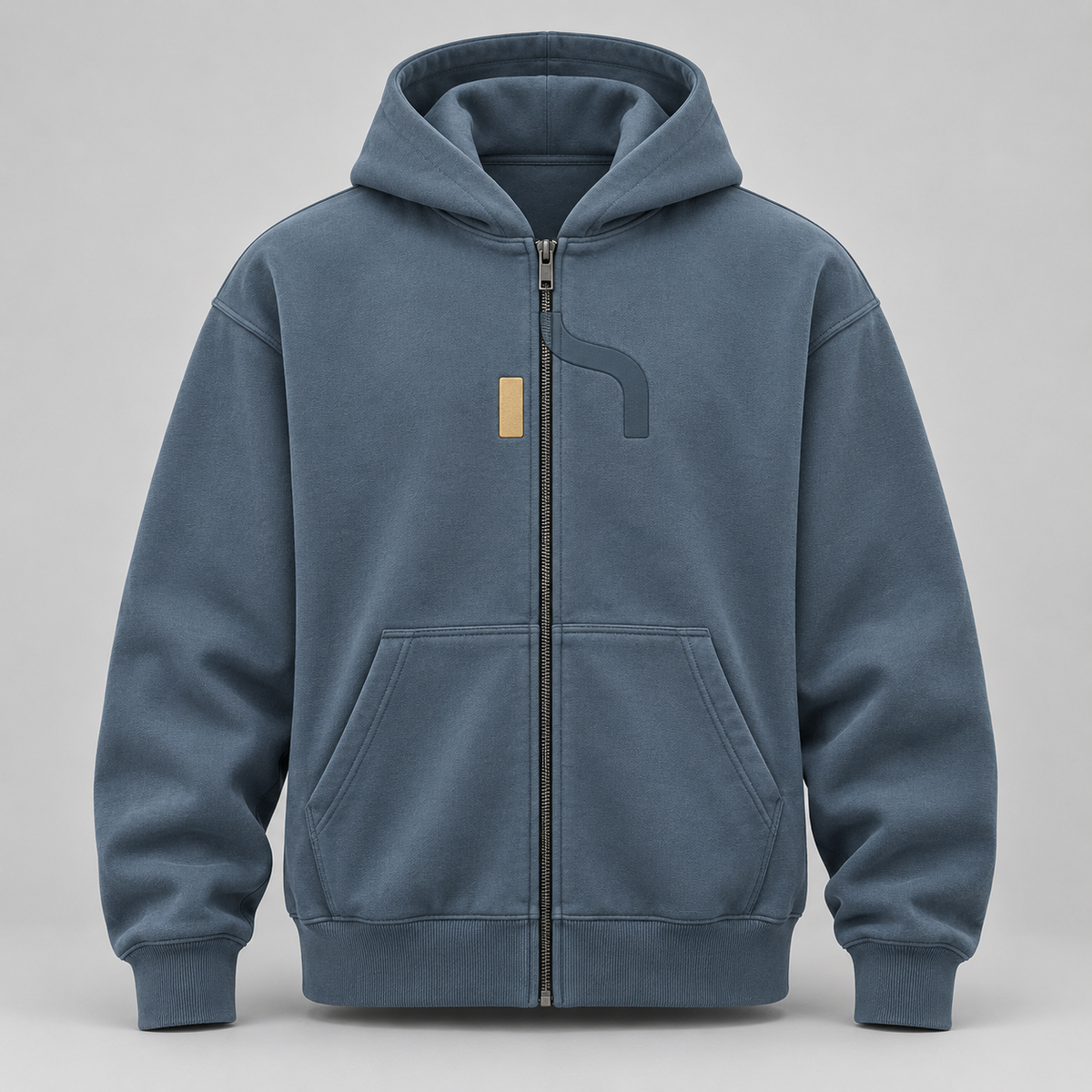 Vintageblauer Haensch Studio Ultra Heavy Zip Hoodie mit durchgehendem Reißverschluss und geteiltem Hänsch-Zeichen.