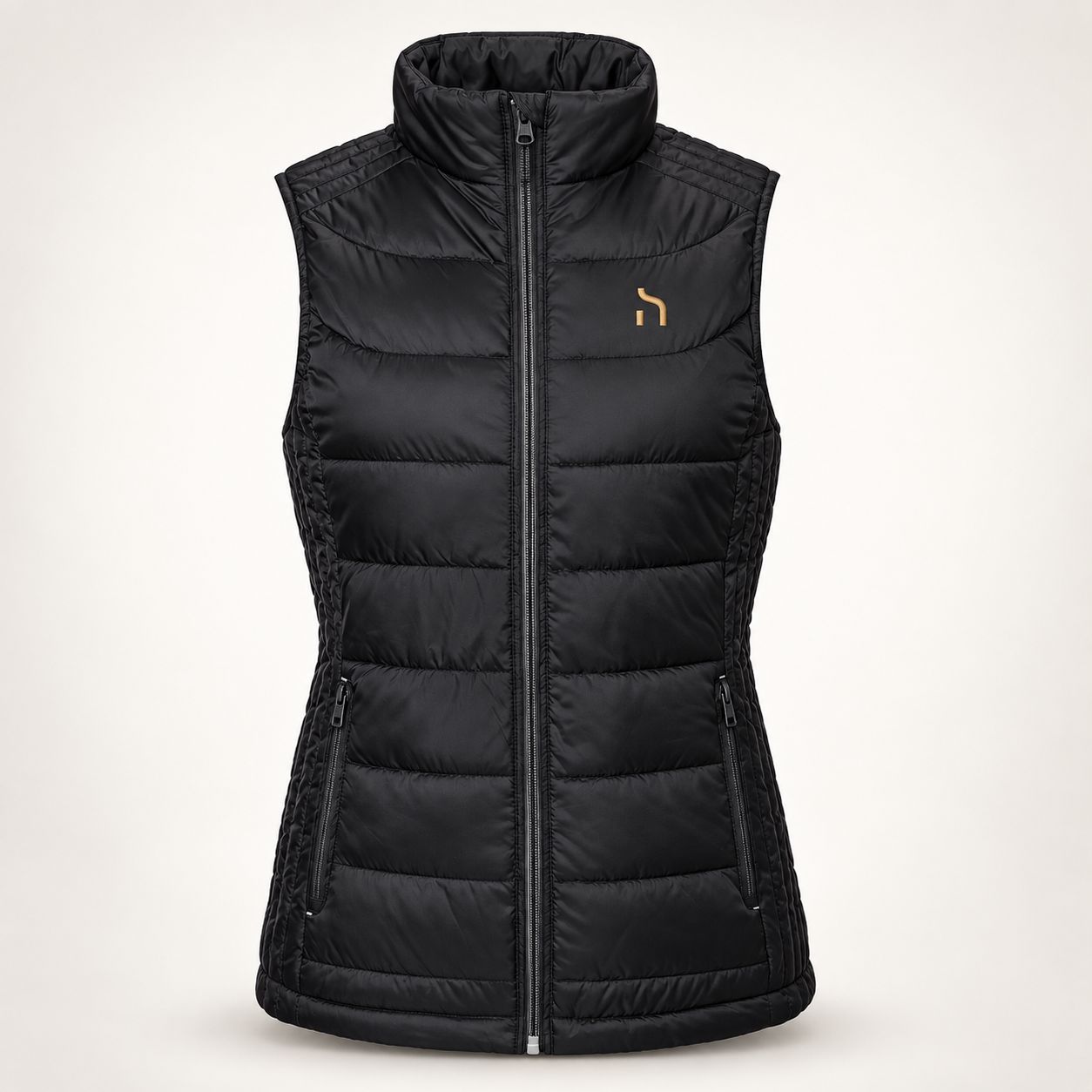 Schwarzer Haensch Utility Nano Bodywarmer für Damen mit tailliertem Schnitt und goldenem Hänsch-Zeichen