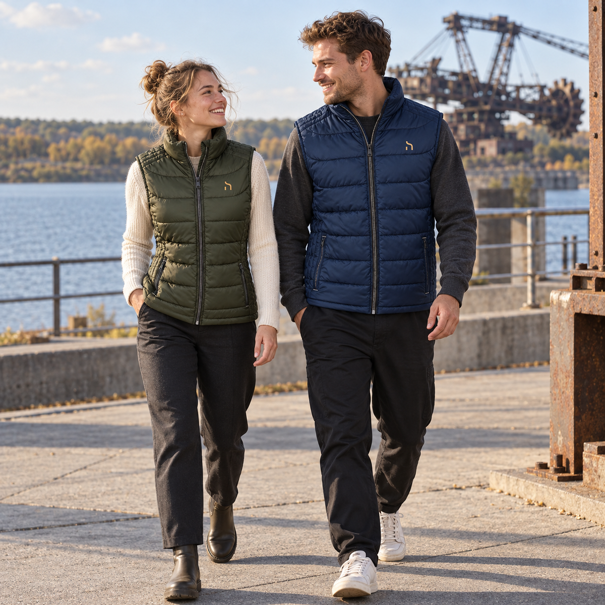 Junges Paar trägt Haensch Utility Nano Bodywarmer in French Navy und Dark Olive vor der Industriekulisse von Ferropolis