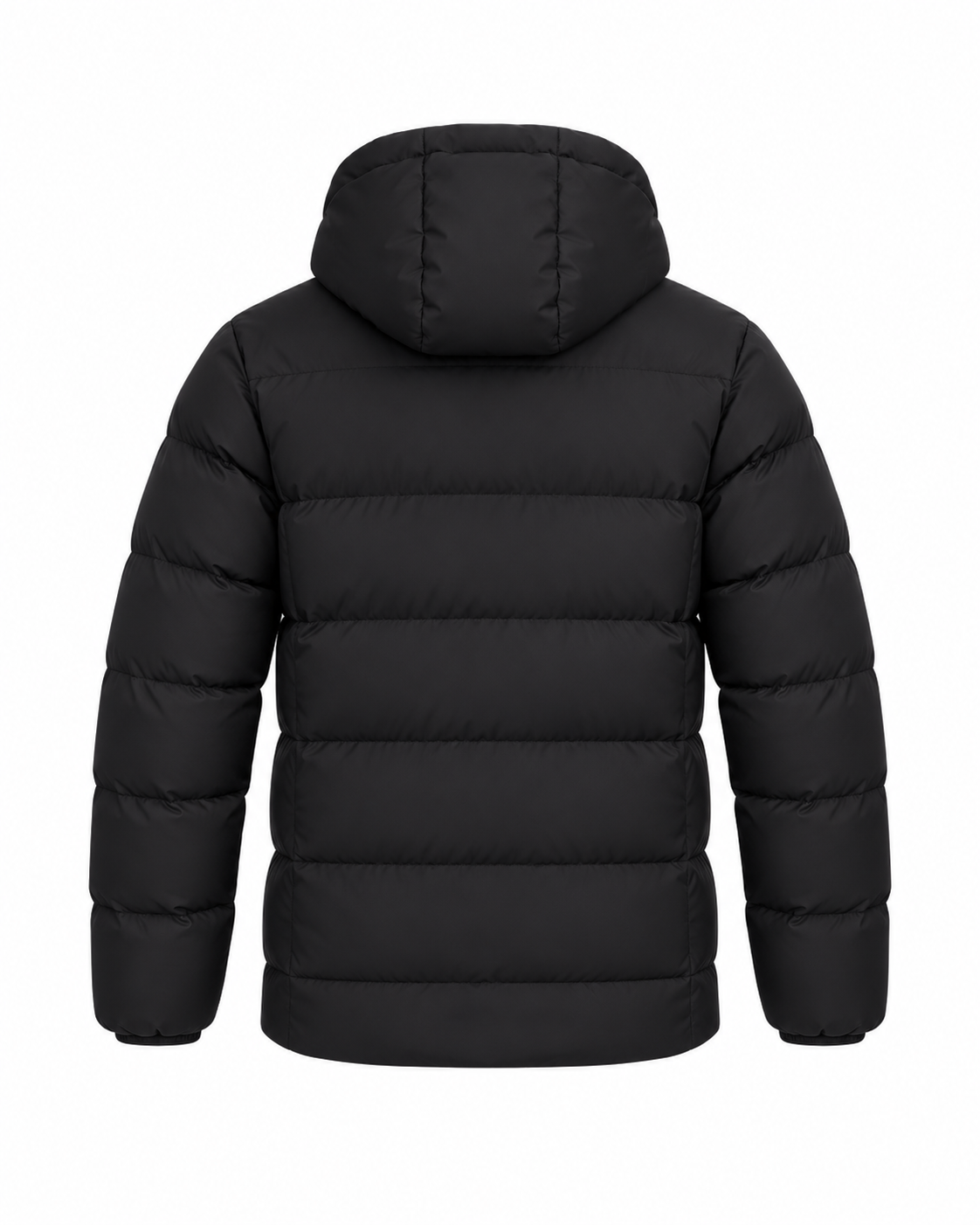 Schwarze gesteppte Haensch Winter Pufferjacke für Damen auf weißem Hintergrund, Rückansicht.