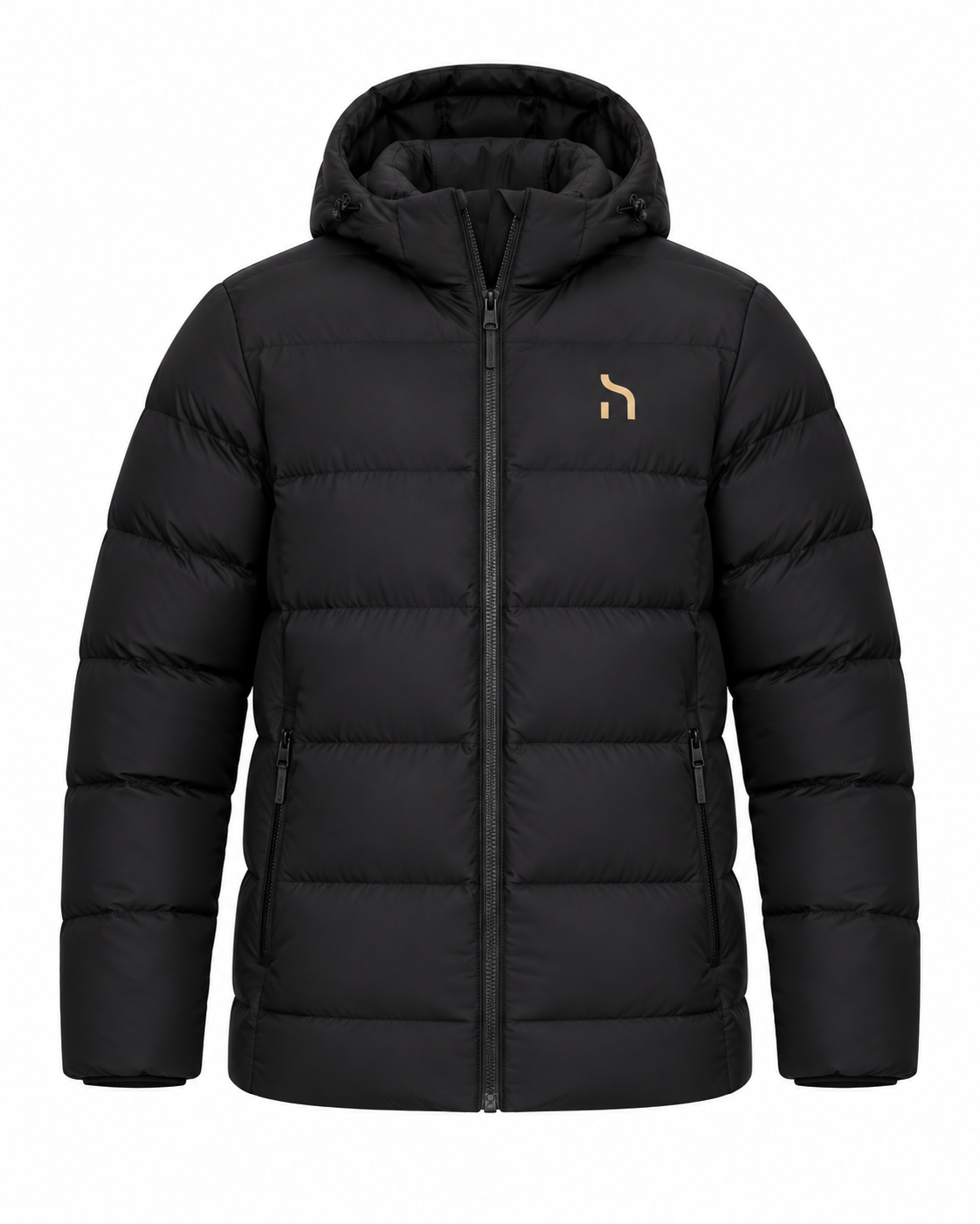 Schwarze gesteppte Haensch Winter Pufferjacke für Damen auf weißem Hintergrund, Vorderansicht mit kleinem goldenem H-Logo.