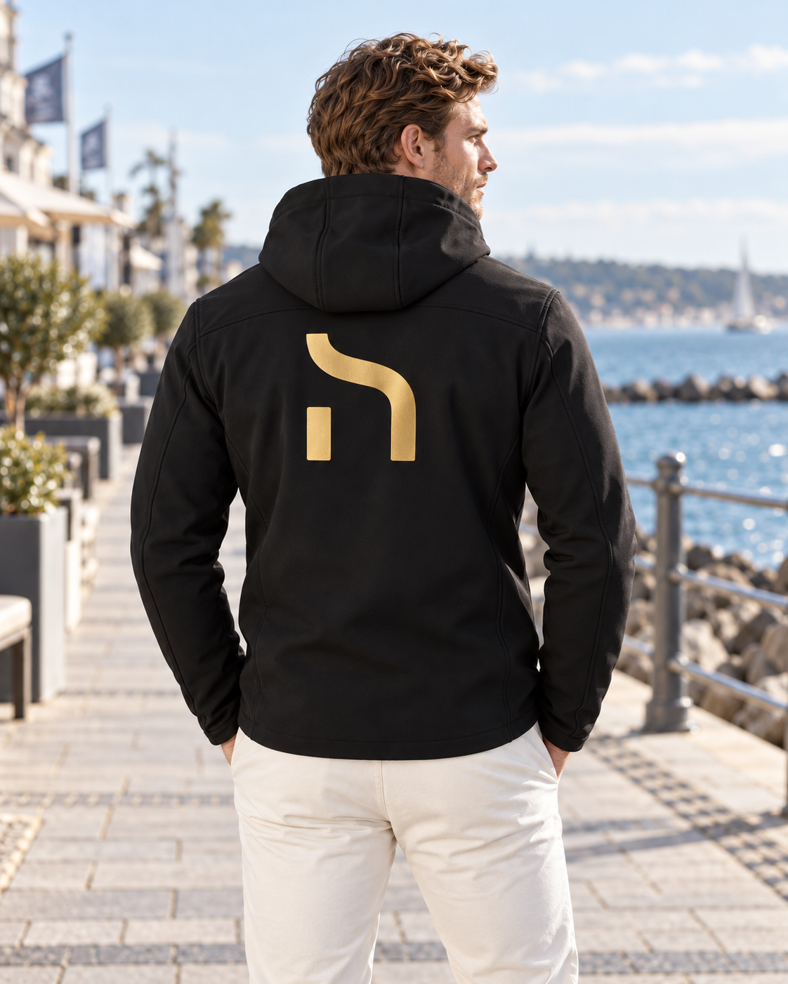 Mann in der schwarzen Haensch Coast Signature Softshell Jacket mit Kapuze und großem goldenem Haensch-Logo auf dem Rücken an einer Hafenpromenade