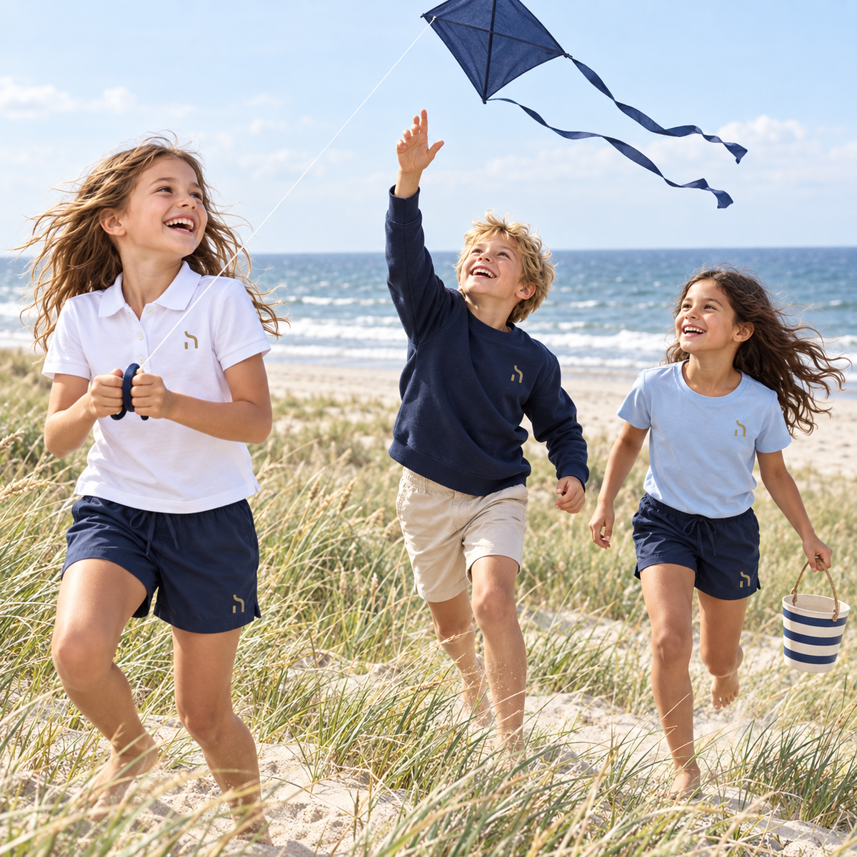Drei Kinder tragen maritime Haensch-Coast-Kleidung mit goldenem Haensch-Zeichen und lassen am Ostseestrand einen dunkelblauen Drachen steigen.