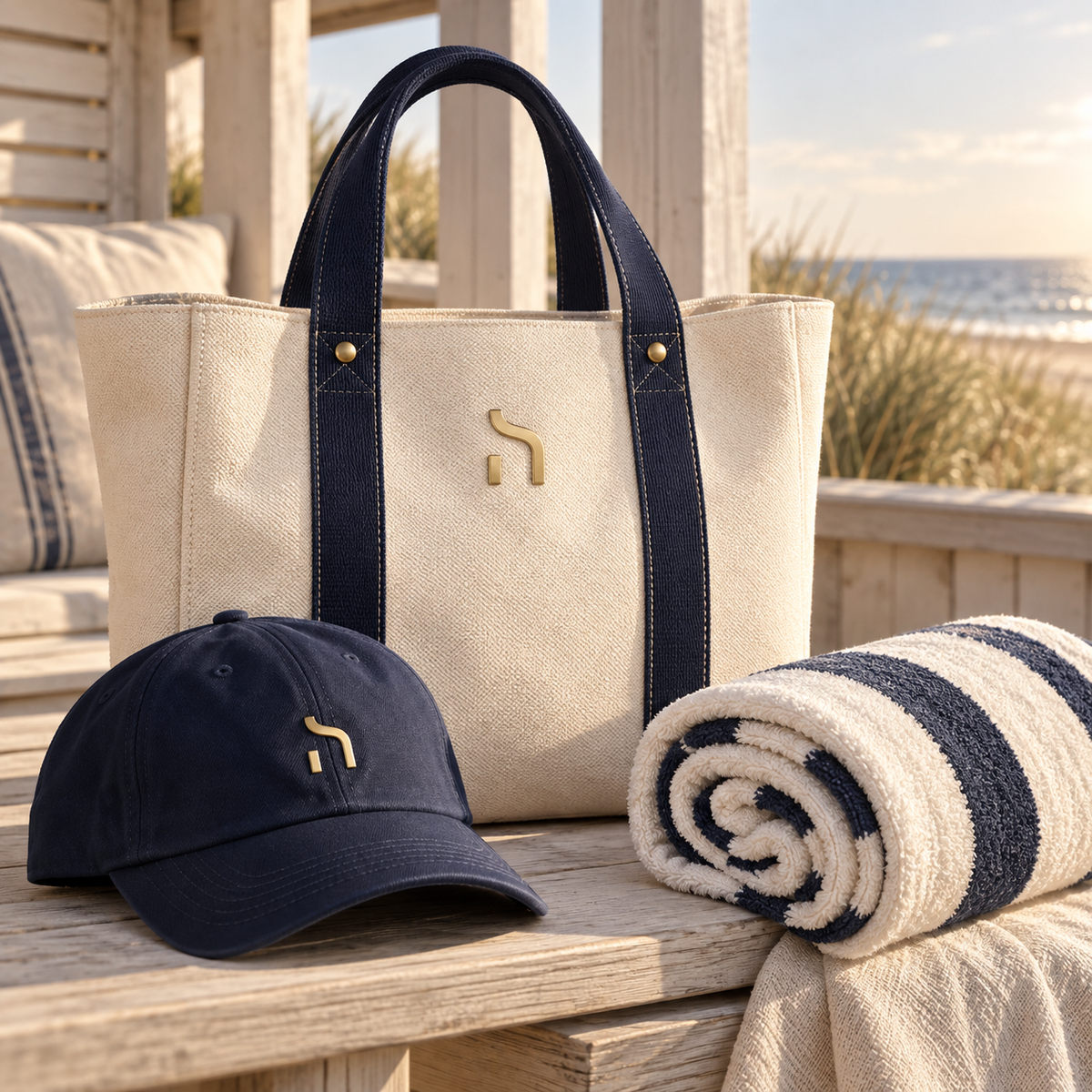 Maritime Haensch-Coast-Accessoires mit Strandtasche in Ivory Cream und Navy, marineblauer Cap und gestreiftem Strandtuch an einem Ostsee-Strandpavillon.