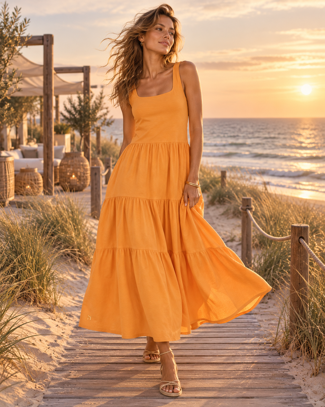 Frau trägt das Haensch Coast Airy Valance Dress Damen in Coast Mango mit goldenem H-Logo in einer eleganten sommerlichen Ostsee-Kulisse